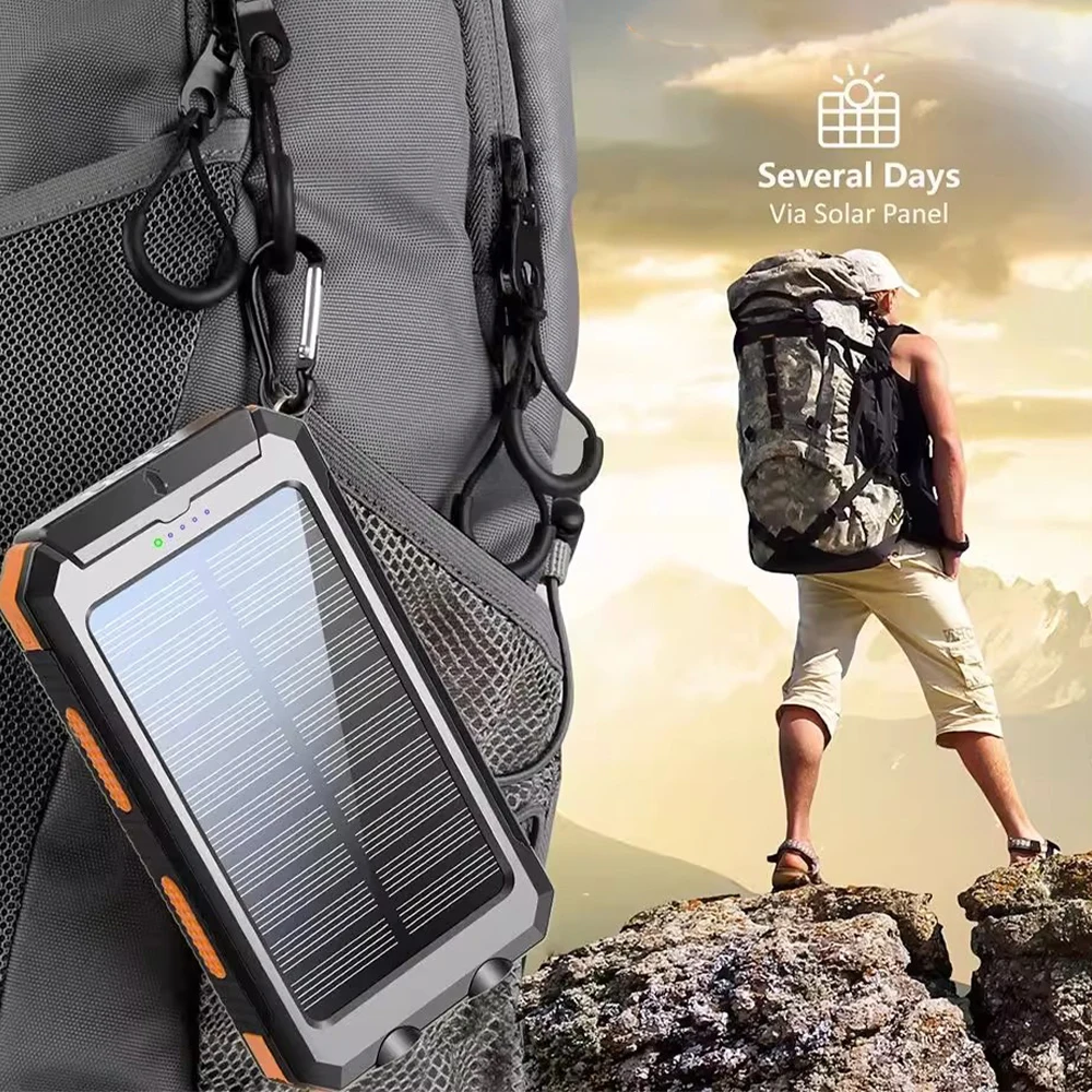 20000mAh Solar Power Bank Dual USB Output Portable Charger with Dual LED Flashlight Compass Carabiner Waterproof Rugged External Battery for Outdoor Camping Hiking