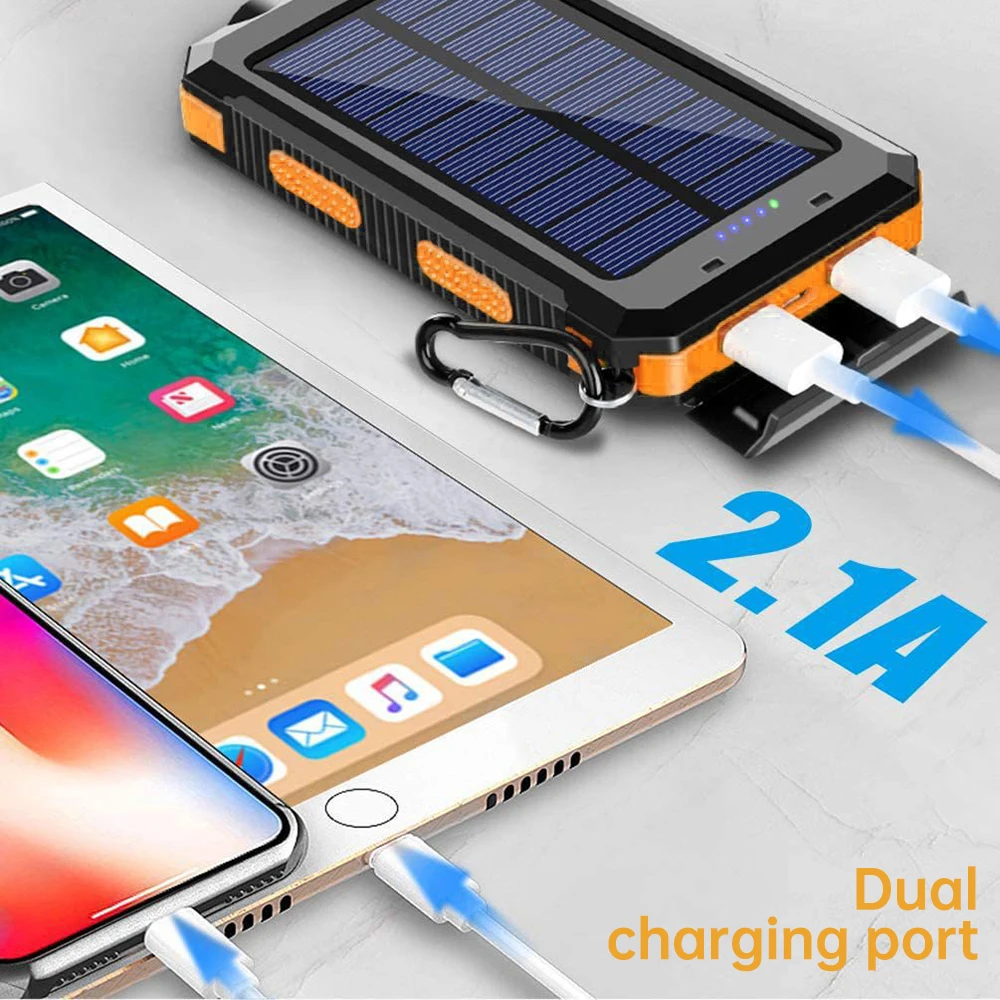 20000mAh Solar Power Bank Dual USB Output Portable Charger with Dual LED Flashlight Compass Carabiner Waterproof Rugged External Battery for Outdoor Camping Hiking