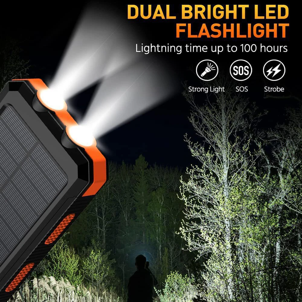 20000mAh Solar Power Bank Dual USB Output Portable Charger with Dual LED Flashlight Compass Carabiner Waterproof Rugged External Battery for Outdoor Camping Hiking