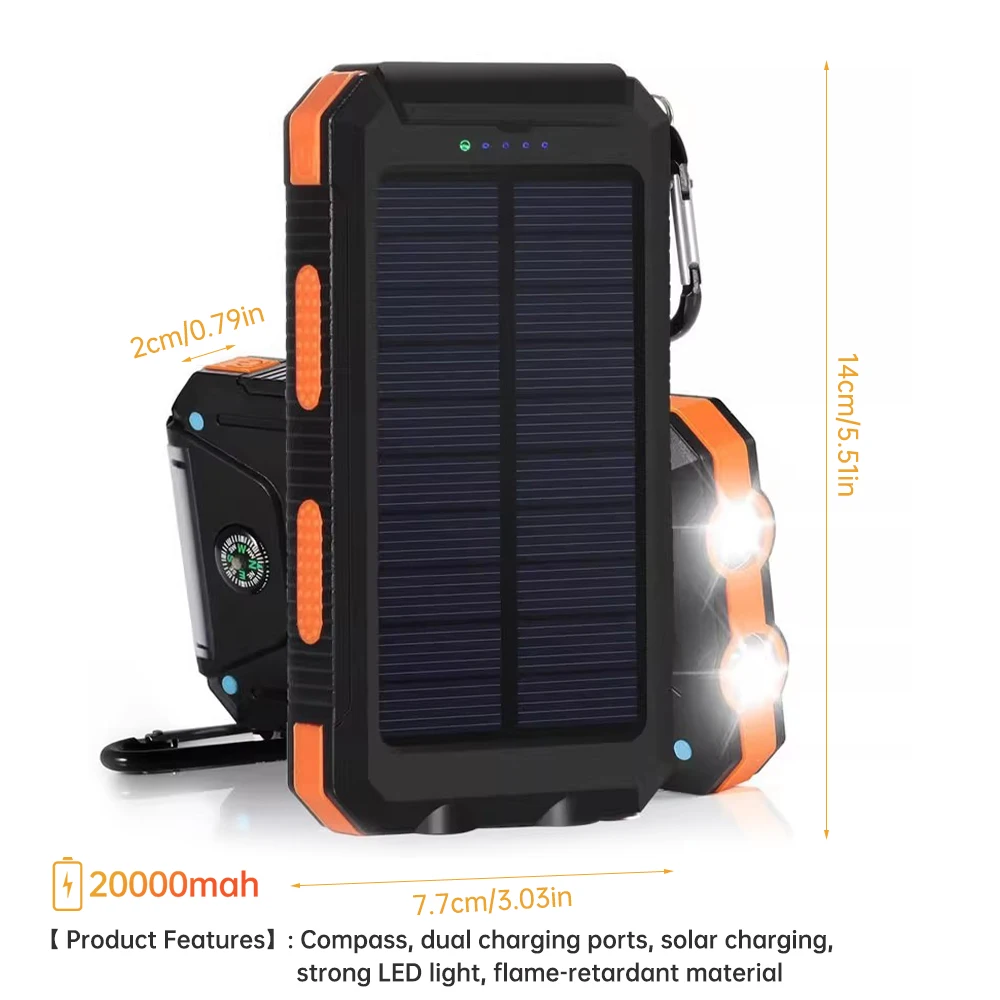 20000mAh Solar Power Bank Dual USB Output Portable Charger with Dual LED Flashlight Compass Carabiner Waterproof Rugged External Battery for Outdoor Camping Hiking