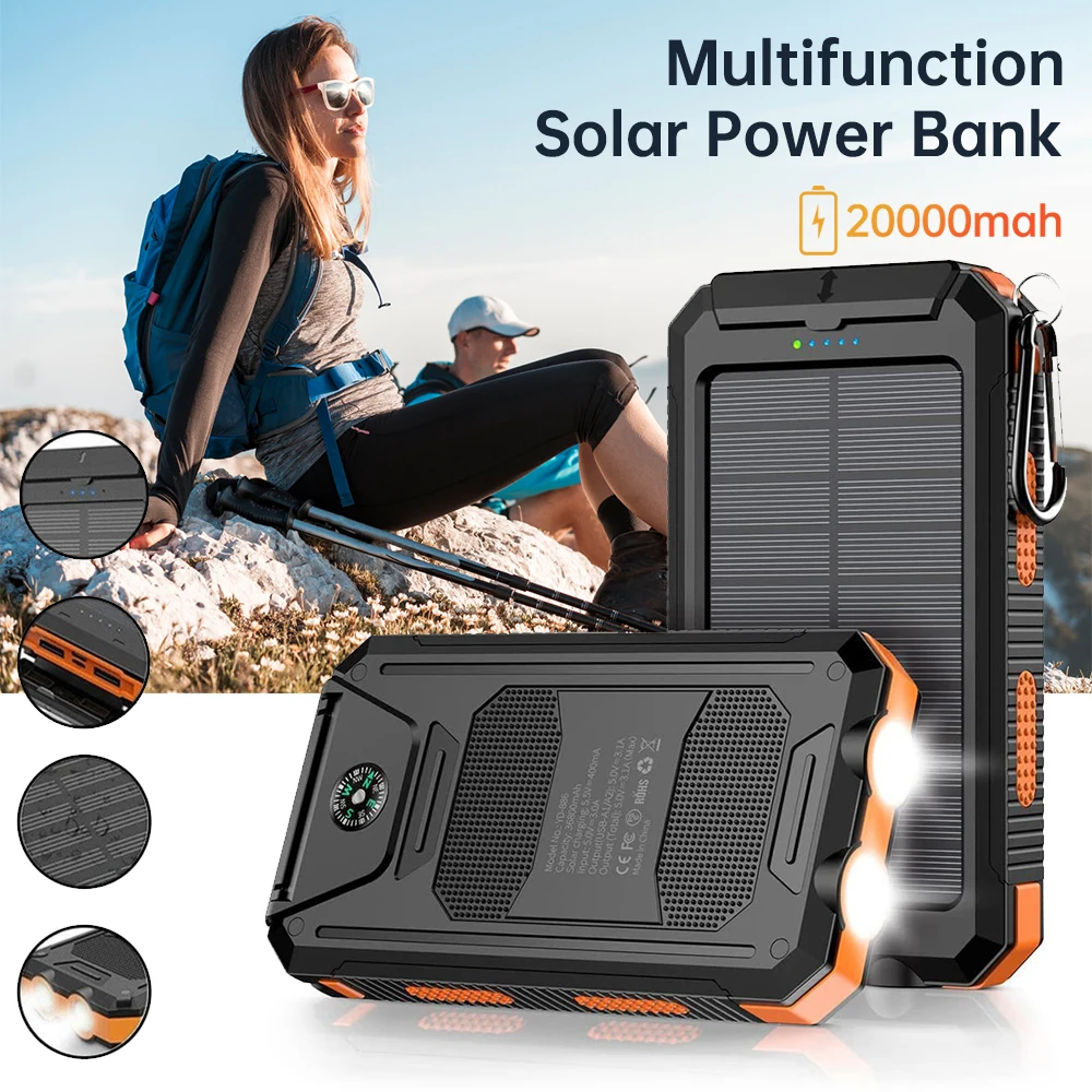 20000mAh Solar Power Bank Dual USB Output Portable Charger with Dual LED Flashlight Compass Carabiner Waterproof Rugged External Battery for Outdoor Camping Hiking