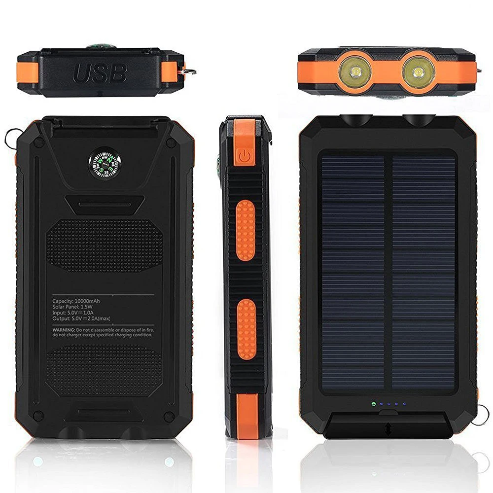 20000mAh Solar Power Bank Dual USB Output Portable Charger with Dual LED Flashlight Compass Carabiner Waterproof Rugged External Battery for Outdoor Camping Hiking