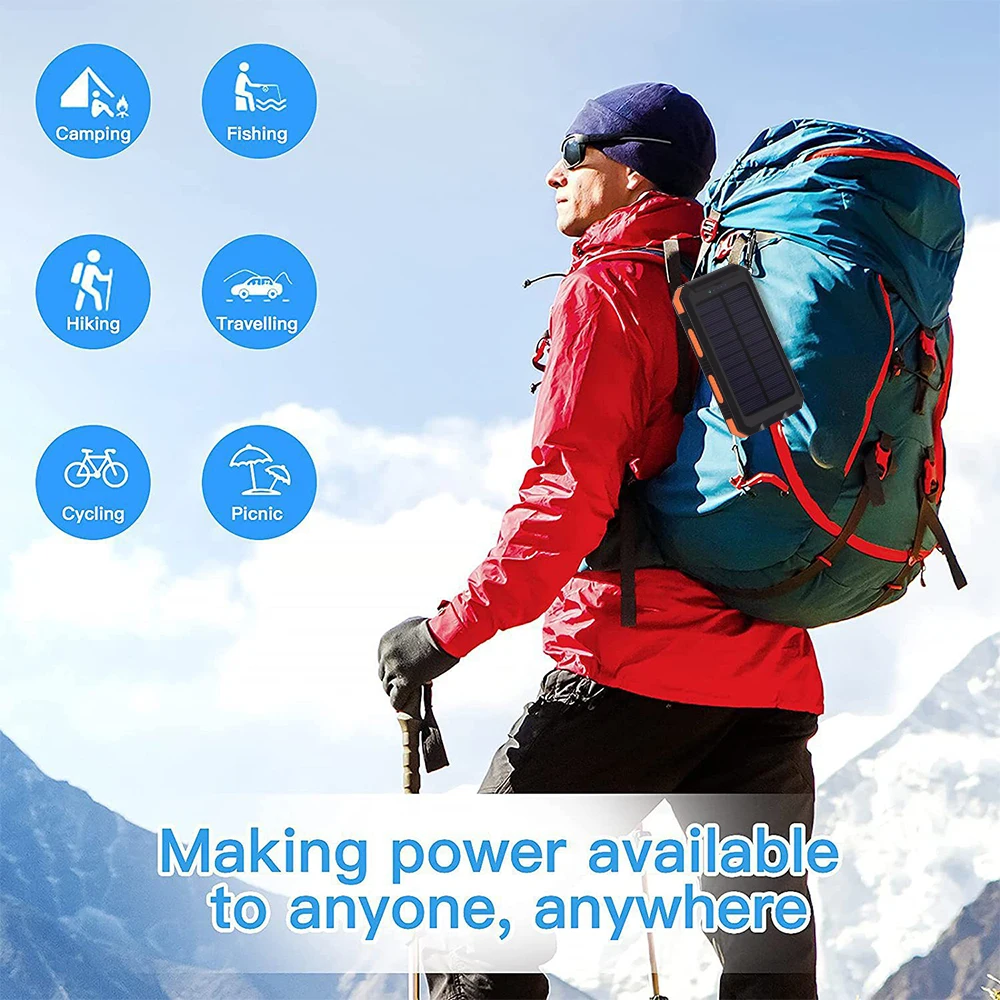 20000mAh Solar Power Bank Dual USB Output Portable Charger with Dual LED Flashlight Compass Carabiner Waterproof Rugged External Battery for Outdoor Camping Hiking