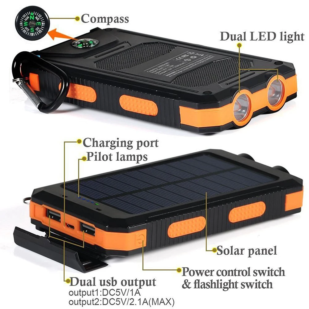 20000mAh Solar Power Bank Dual USB Output Portable Charger with Dual LED Flashlight Compass Carabiner Waterproof Rugged External Battery for Outdoor Camping Hiking
