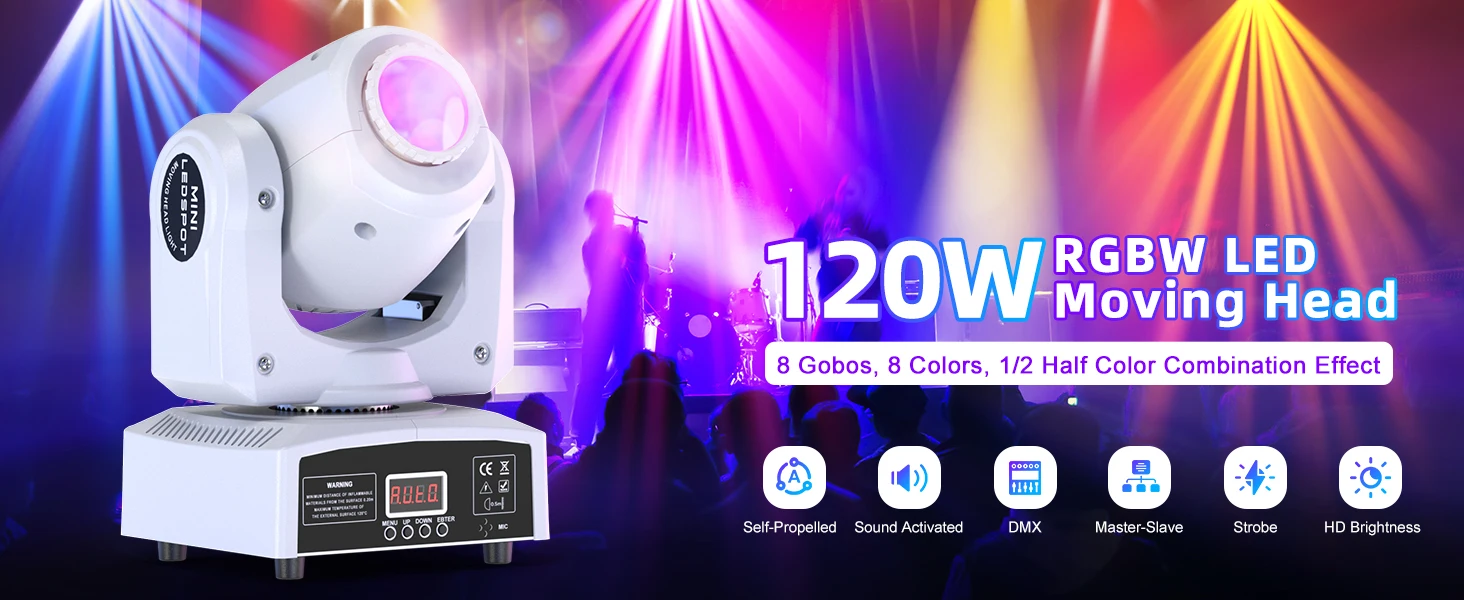 DayFlicker 2Pcs 120W White Stage RGBW LED Moving Head 8 Colors + 8 Gobos DMX512 Voice Control For Christmas Party Disco Wedding