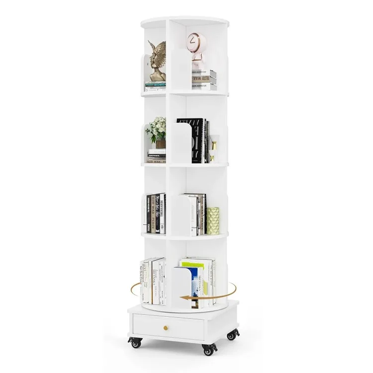 Corner Bookcases Rotating Movable Durable Wooden Bookshelf Drawer Wheels Modern Storage Shelf Vertical Narrow Study Bedroom Home