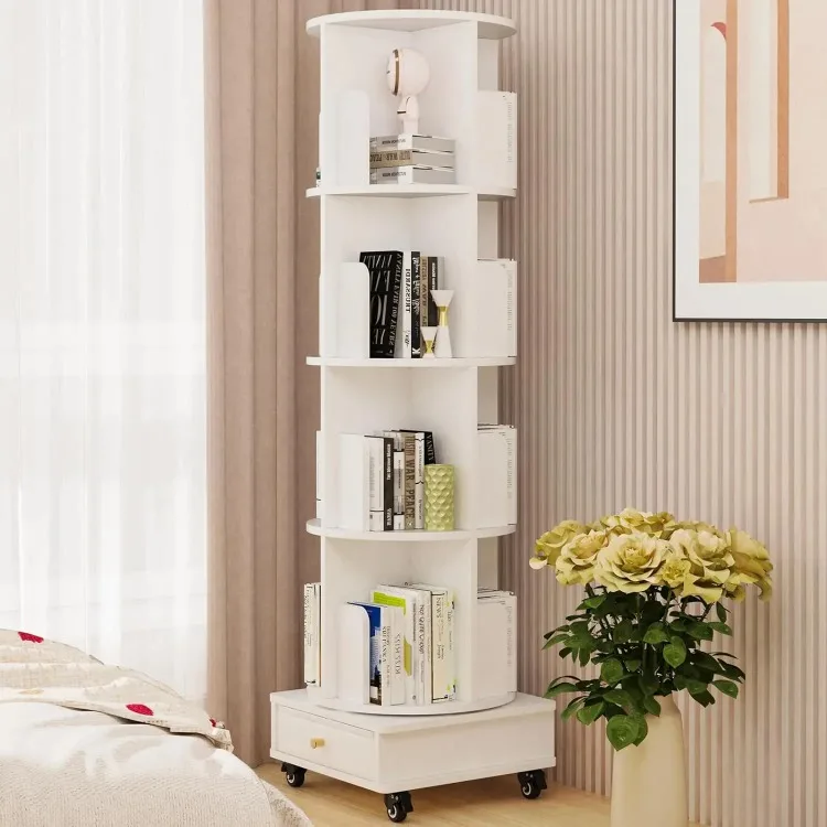Corner Bookcases Rotating Movable Durable Wooden Bookshelf Drawer Wheels Modern Storage Shelf Vertical Narrow Study Bedroom Home
