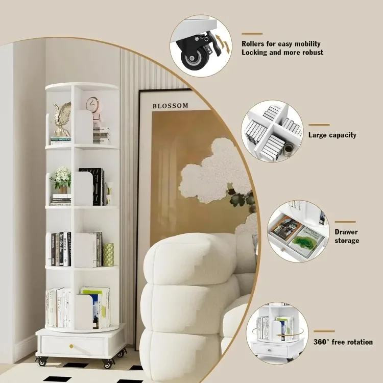 Corner Bookcases Rotating Movable Durable Wooden Bookshelf Drawer Wheels Modern Storage Shelf Vertical Narrow Study Bedroom Home
