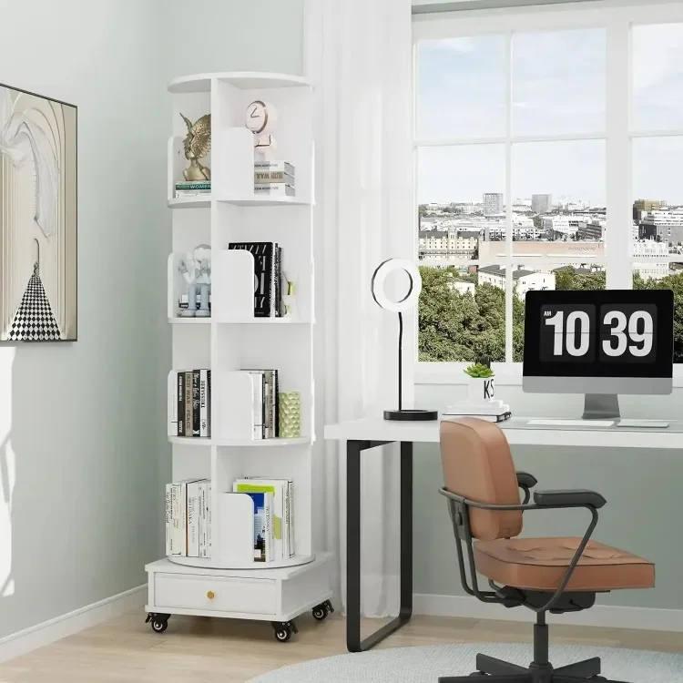 Corner Bookcases Rotating Movable Durable Wooden Bookshelf Drawer Wheels Modern Storage Shelf Vertical Narrow Study Bedroom Home