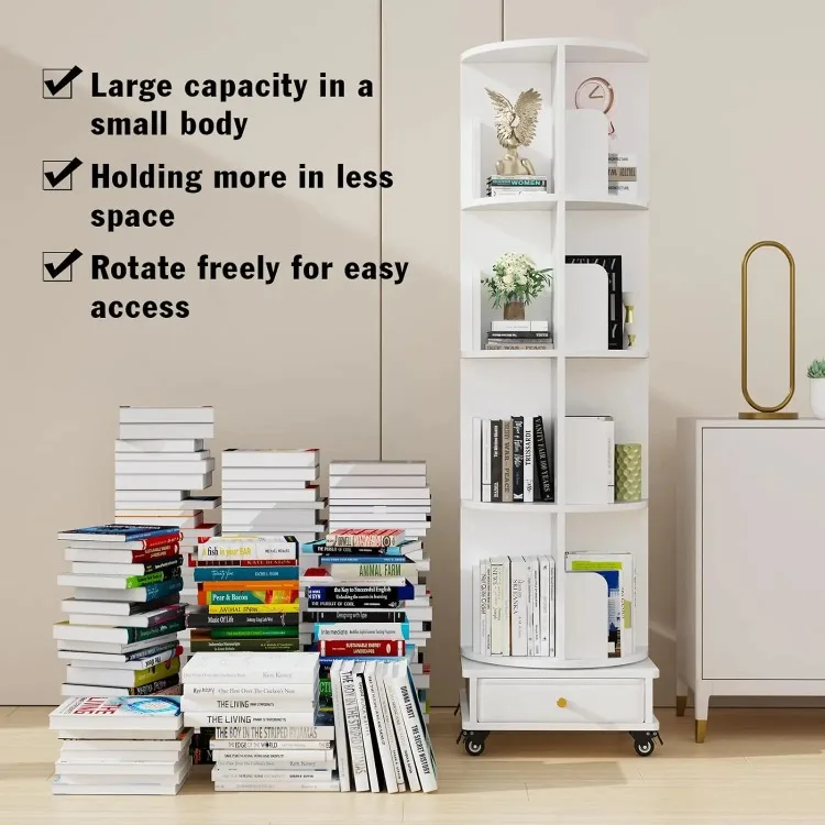Corner Bookcases Rotating Movable Durable Wooden Bookshelf Drawer Wheels Modern Storage Shelf Vertical Narrow Study Bedroom Home