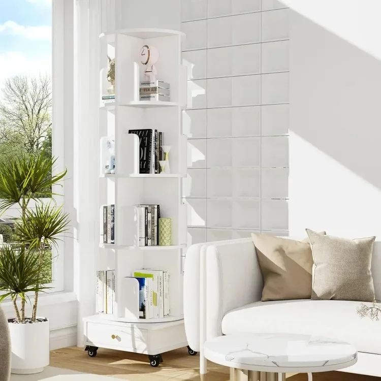 Corner Bookcases Rotating Movable Durable Wooden Bookshelf Drawer Wheels Modern Storage Shelf Vertical Narrow Study Bedroom Home