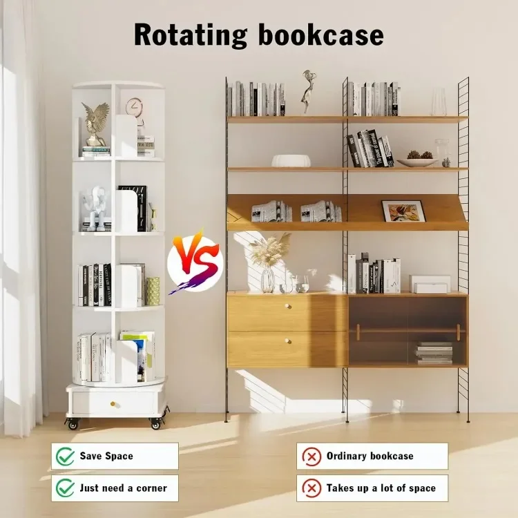 Corner Bookcases Rotating Movable Durable Wooden Bookshelf Drawer Wheels Modern Storage Shelf Vertical Narrow Study Bedroom Home