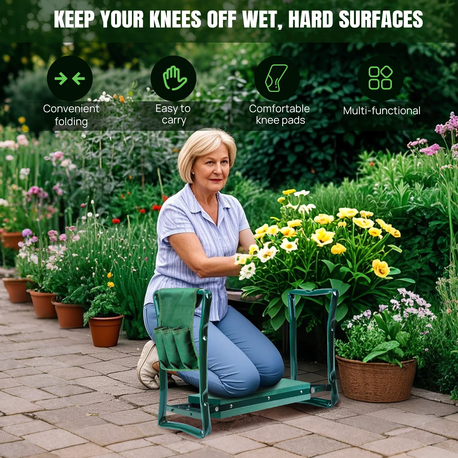 Garden Kneeler and Seat 2-in-1, Heavy Duty Foldable Stool with EVA Foam & Tool Bag, Adjustable Gardening Kneeler Pad for Elderly, Plant