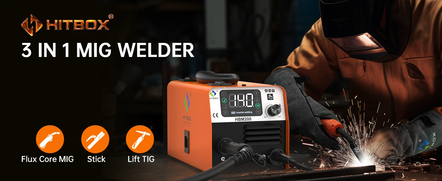 HITBOX HBM200 Large Display 3in1 MMA/Flux MIG/Lift TIG Premiun Spool MIG Semi-automatic Welding Machine Gasless IGBT Inverter