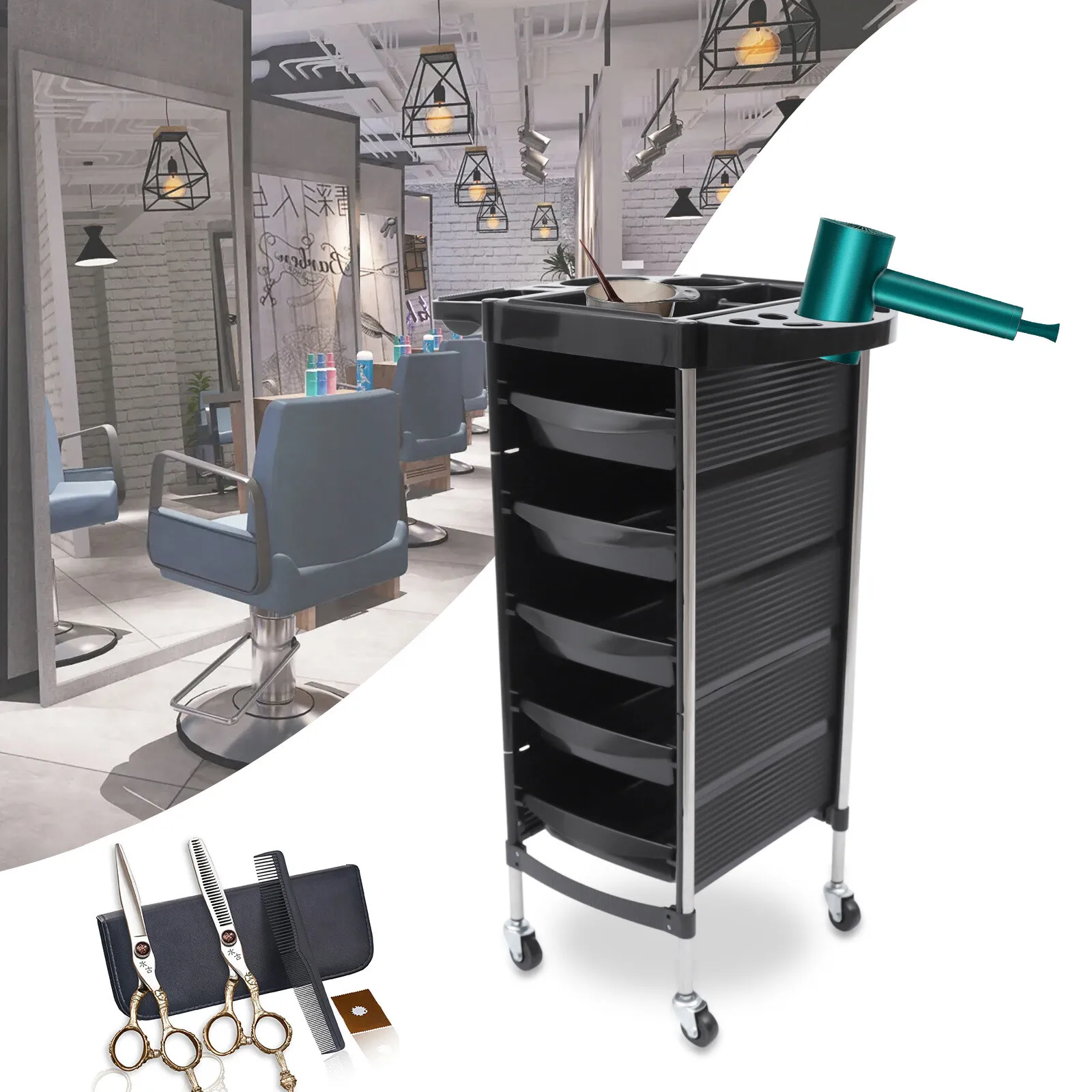 6-Layer Salon Trolley with 5 Pull-Out Trays 360° Swivel Wheels and Stainless Steel Frame for Hairdressing Tools Storage