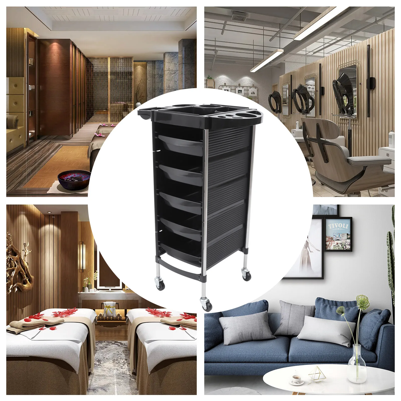 6-Layer Salon Trolley with 5 Pull-Out Trays 360° Swivel Wheels and Stainless Steel Frame for Hairdressing Tools Storage