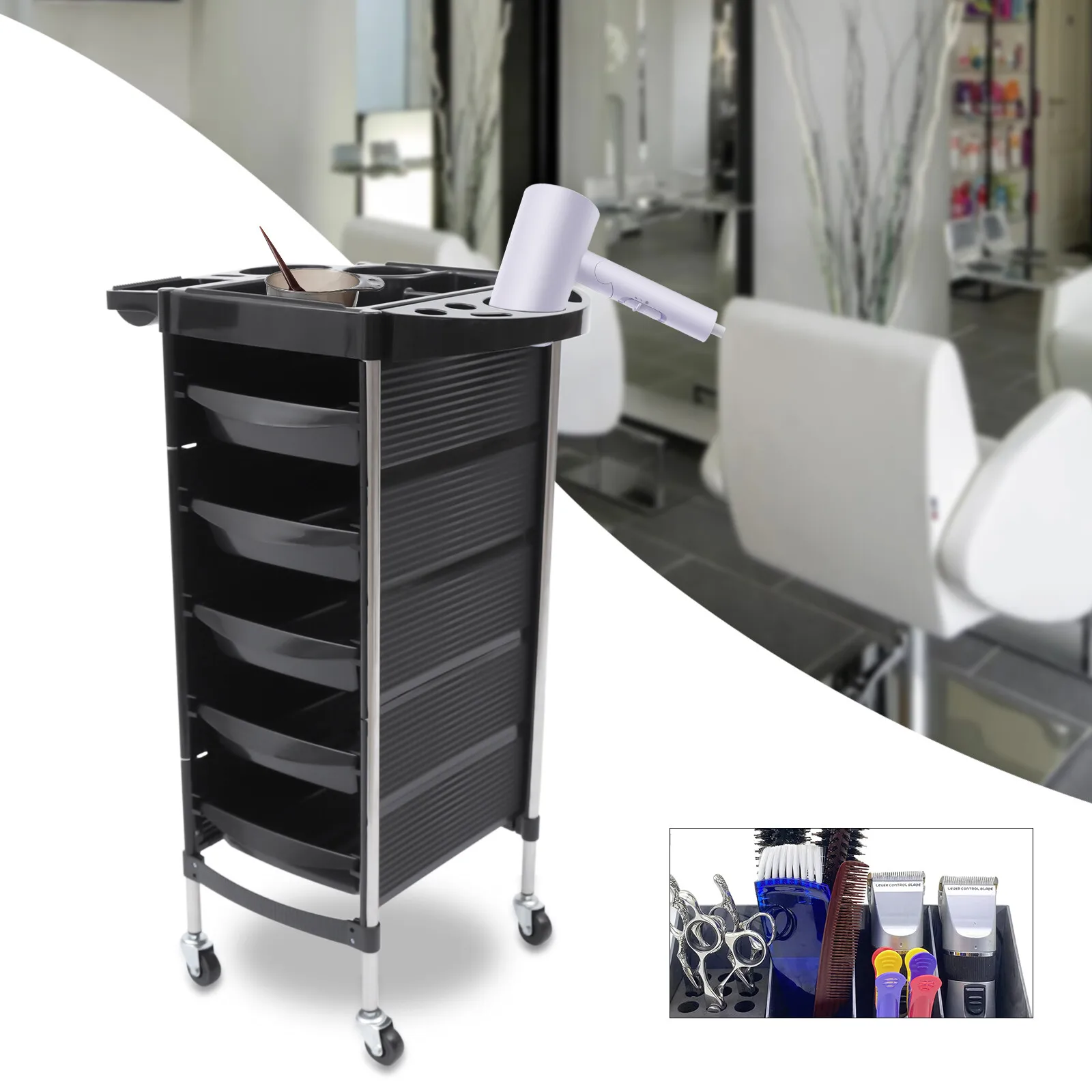 6-Layer Salon Trolley with 5 Pull-Out Trays 360° Swivel Wheels and Stainless Steel Frame for Hairdressing Tools Storage