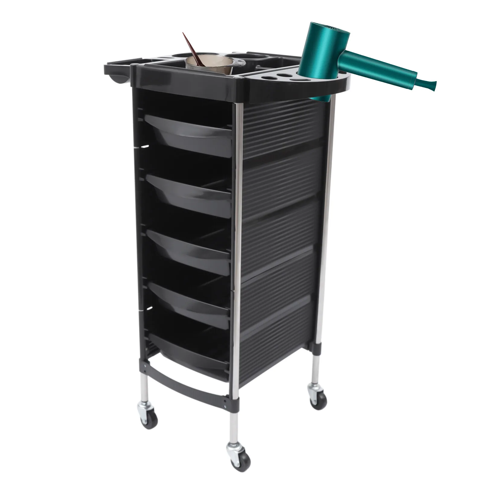 6-Layer Salon Trolley with 5 Pull-Out Trays 360° Swivel Wheels and Stainless Steel Frame for Hairdressing Tools Storage