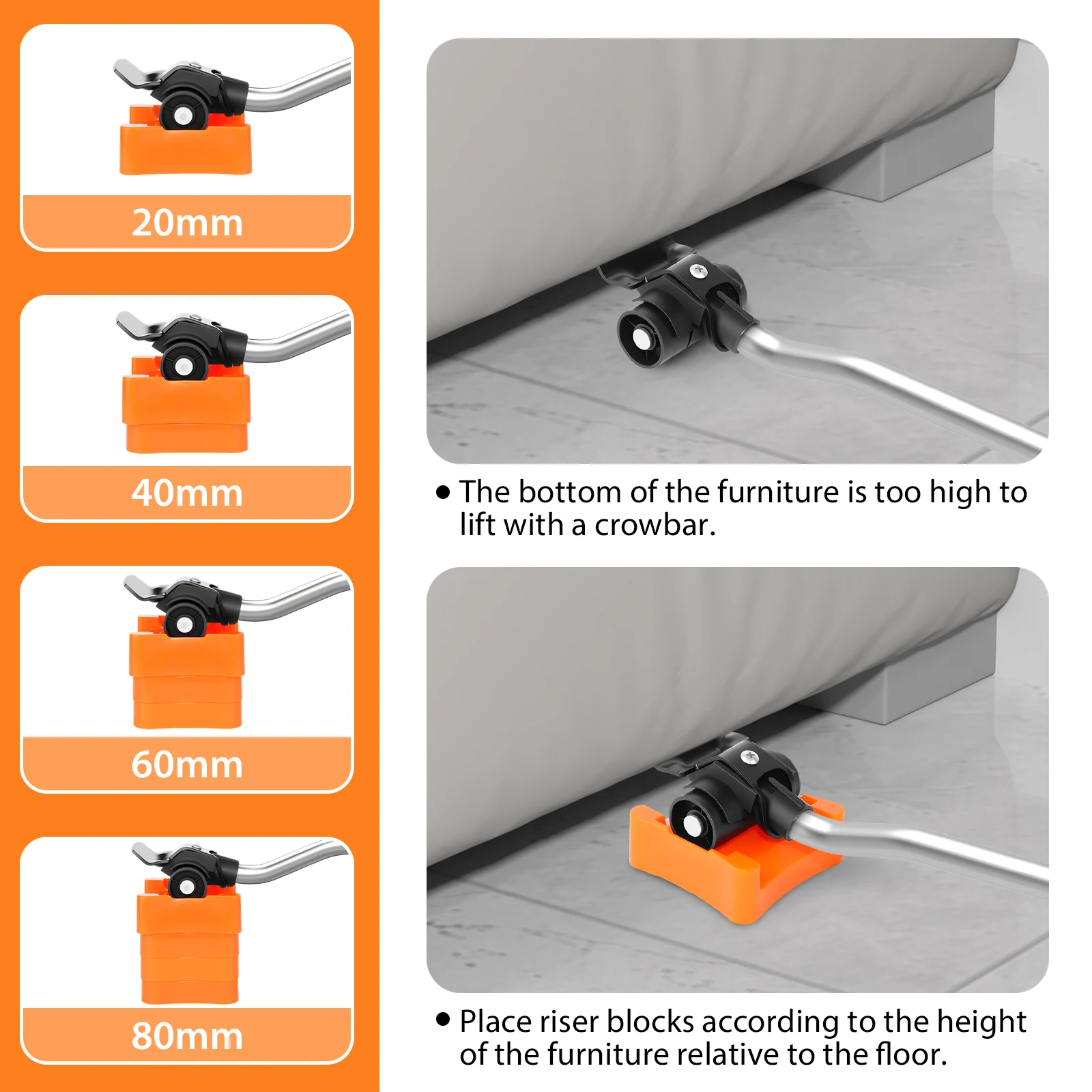 Furniture Mover with 360° Rotating Wheels, 63cm Extended Carbon Steel Pry Bar Lifter,Heavy Duty Moving Aid Furniture Transport