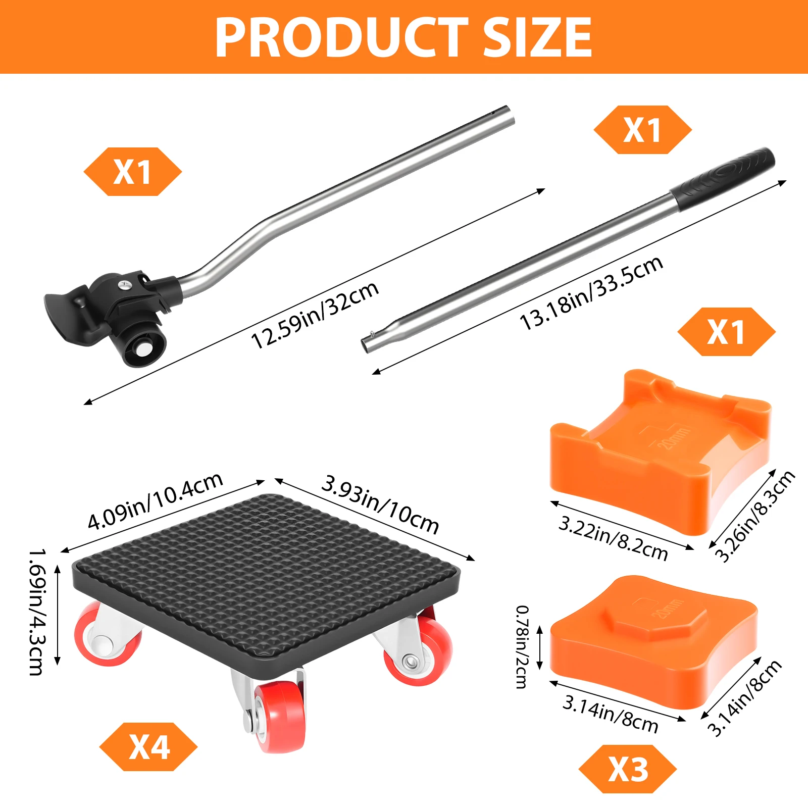 Furniture Mover with 360° Rotating Wheels, 63cm Extended Carbon Steel Pry Bar Lifter,Heavy Duty Moving Aid Furniture Transport