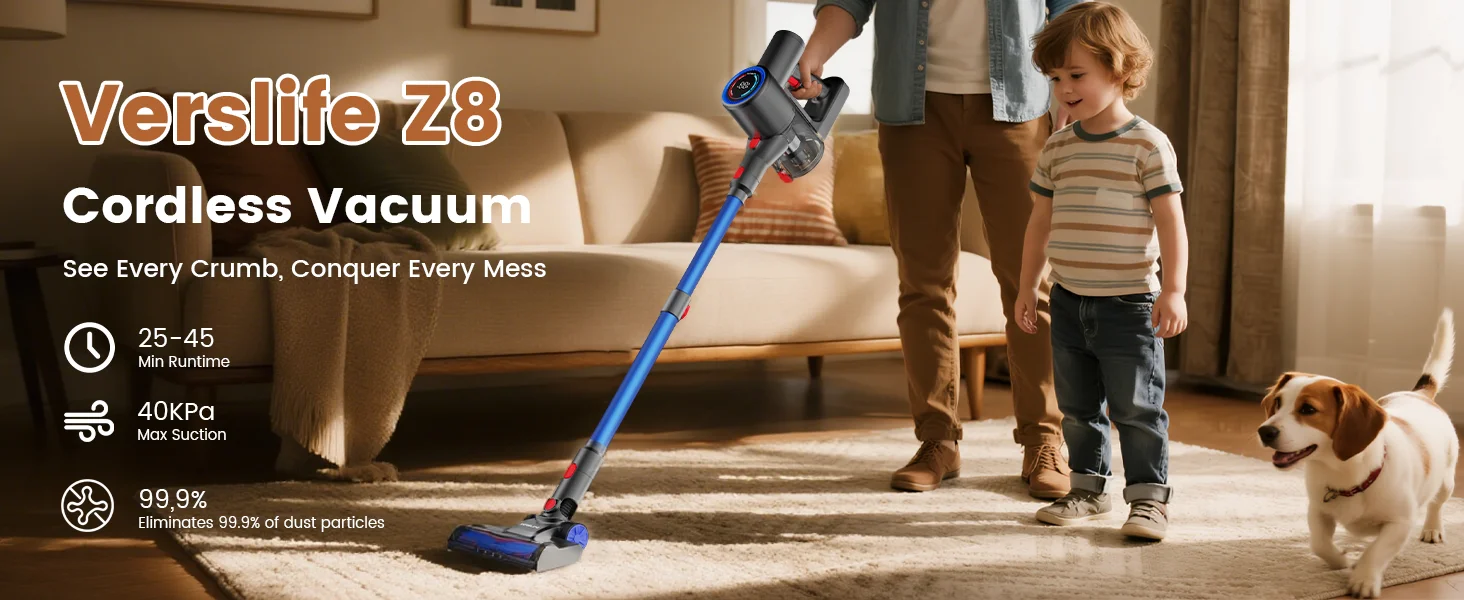 Verslife Z8 Cordless Stick Vacuum Cleaner, 40Kpa/45Min/500W/6-in-1, Green LED, 6-Stage Filtration/LED, for Pet Hair, Hard Floors