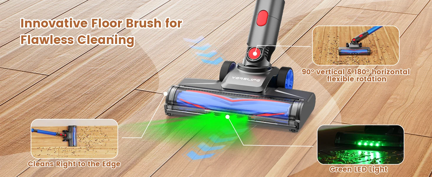Verslife Z8 Cordless Stick Vacuum Cleaner, 40Kpa/45Min/500W/6-in-1, Green LED, 6-Stage Filtration/LED, for Pet Hair, Hard Floors