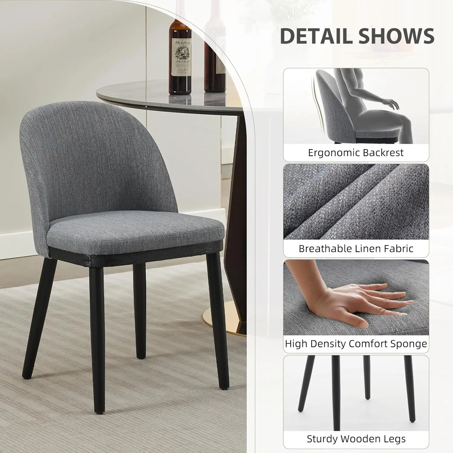 Modern Upholstered Dining Chairs Set of 2 – Curved Backrest, Thick Cushioned Seats, Wood Frame, Armless Accent Kitchen Chairs Fo