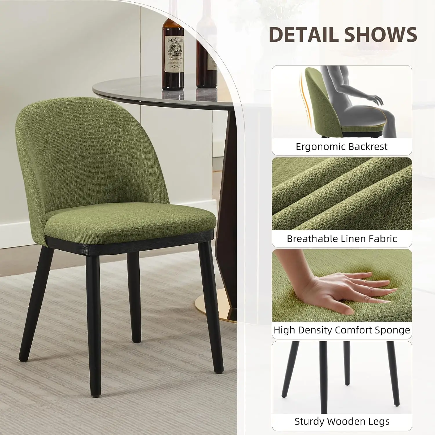 Modern Upholstered Dining Chairs Set of 2 – Curved Backrest, Thick Cushioned Seats, Wood Frame, Armless Accent Kitchen Chairs Fo