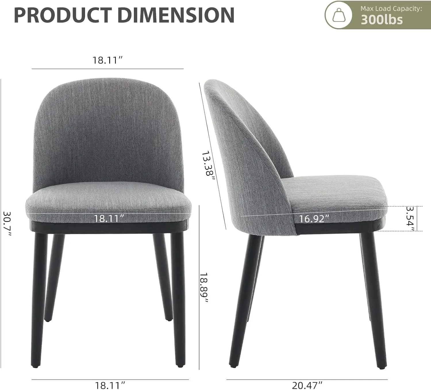 Modern Upholstered Dining Chairs Set of 2 – Curved Backrest, Thick Cushioned Seats, Wood Frame, Armless Accent Kitchen Chairs Fo