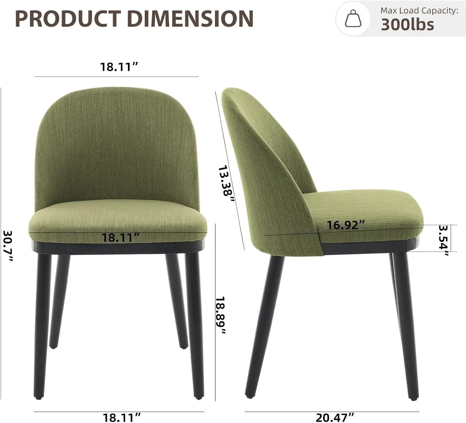 Modern Upholstered Dining Chairs Set of 2 – Curved Backrest, Thick Cushioned Seats, Wood Frame, Armless Accent Kitchen Chairs Fo
