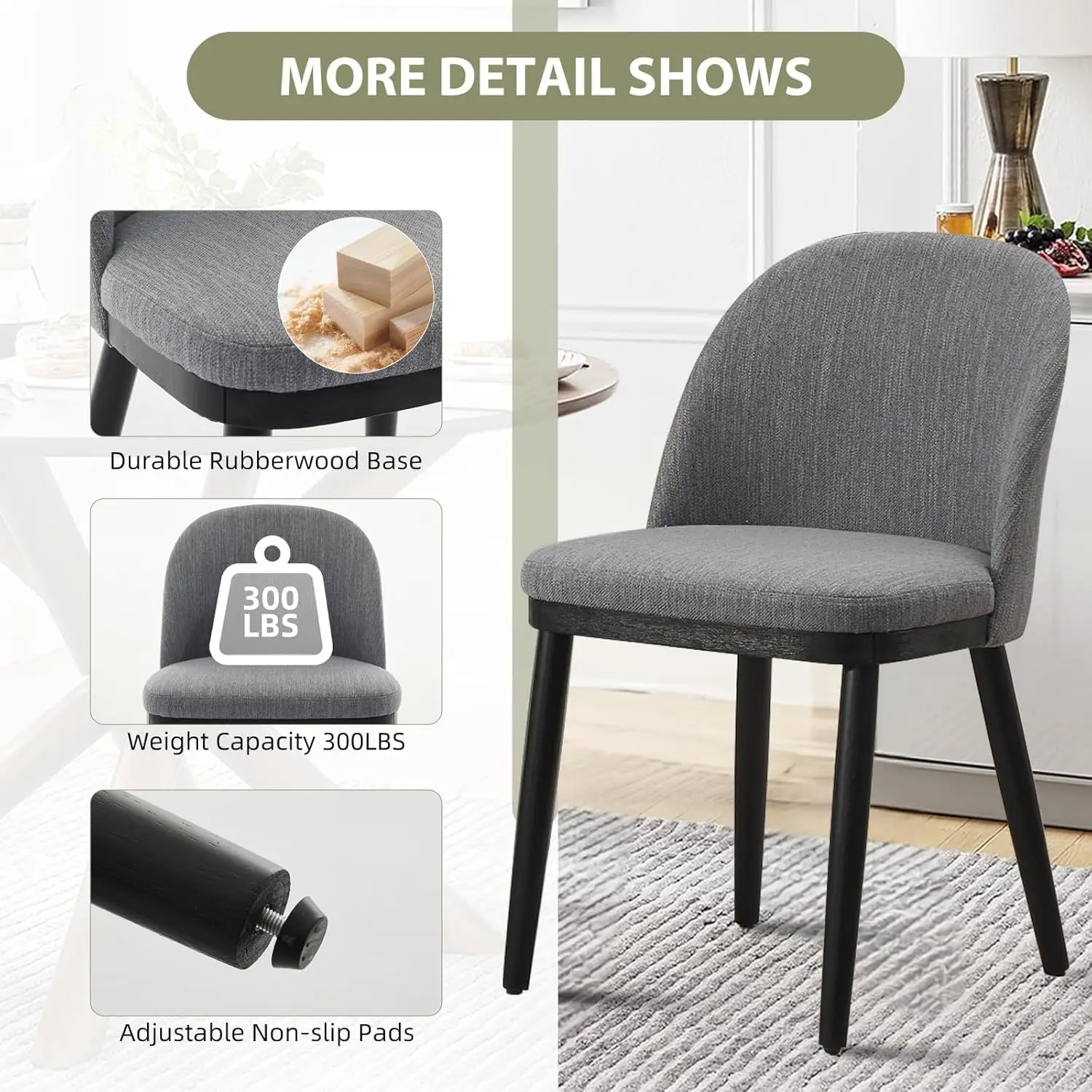 Modern Upholstered Dining Chairs Set of 2 – Curved Backrest, Thick Cushioned Seats, Wood Frame, Armless Accent Kitchen Chairs Fo