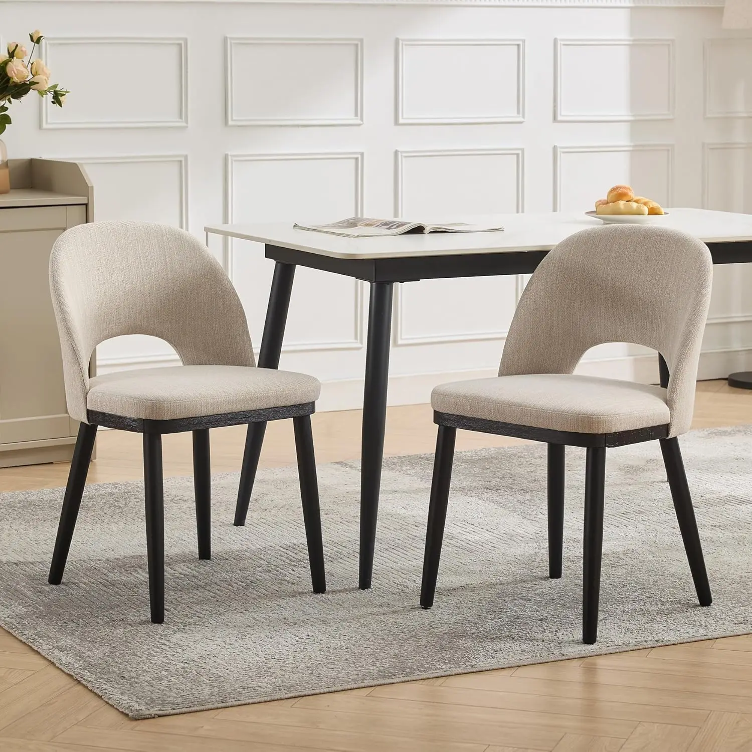 Modern Upholstered Dining Chairs Set of 2 – Curved Backrest, Thick Cushioned Seats, Wood Frame, Armless Accent Kitchen Chairs Fo