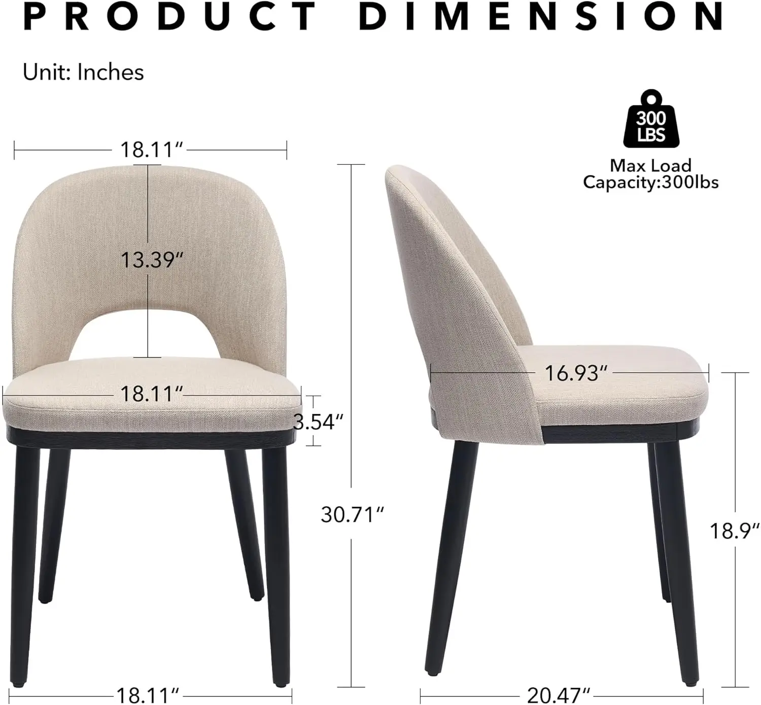 Modern Upholstered Dining Chairs Set of 2 – Curved Backrest, Thick Cushioned Seats, Wood Frame, Armless Accent Kitchen Chairs Fo