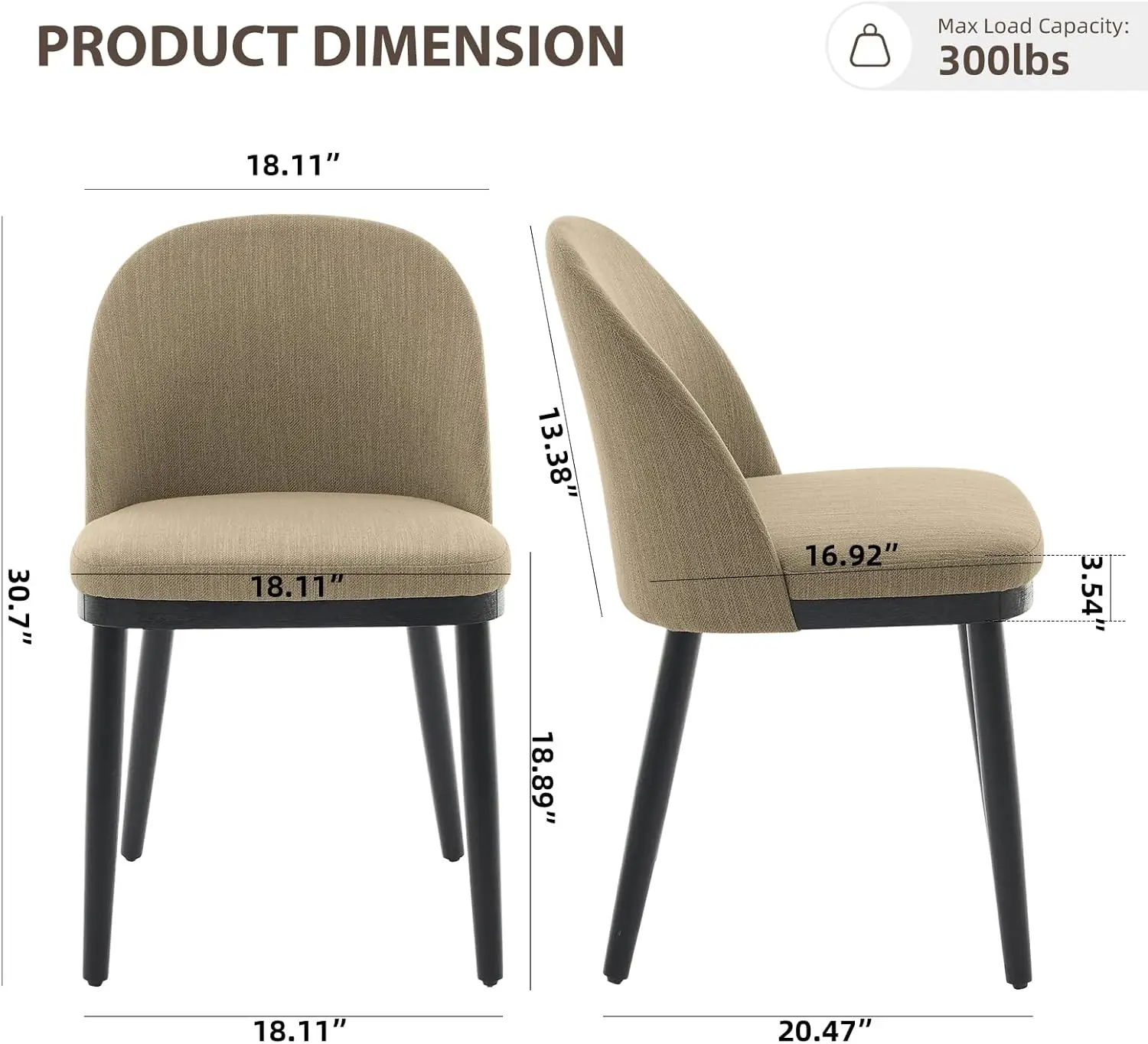 Modern Upholstered Dining Chairs Set of 2 – Curved Backrest, Thick Cushioned Seats, Wood Frame, Armless Accent Kitchen Chairs Fo