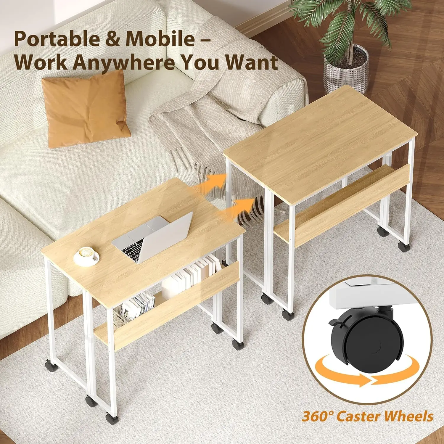 24.8" Folding Desk Rolling Desk with Storage Shelf,Space-Saving Foldable Computer Desk with Wheels,Portable Mobile Couch