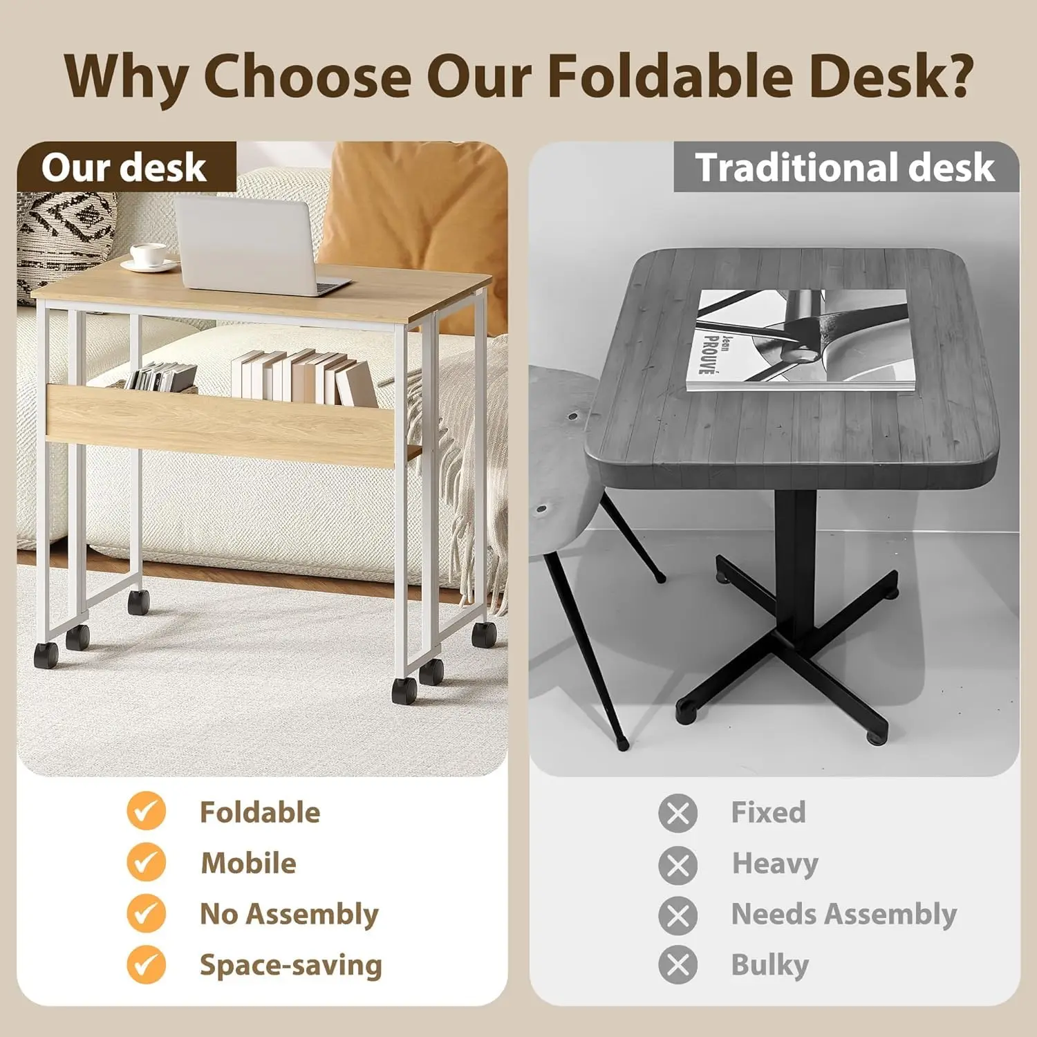 24.8" Folding Desk Rolling Desk with Storage Shelf,Space-Saving Foldable Computer Desk with Wheels,Portable Mobile Couch