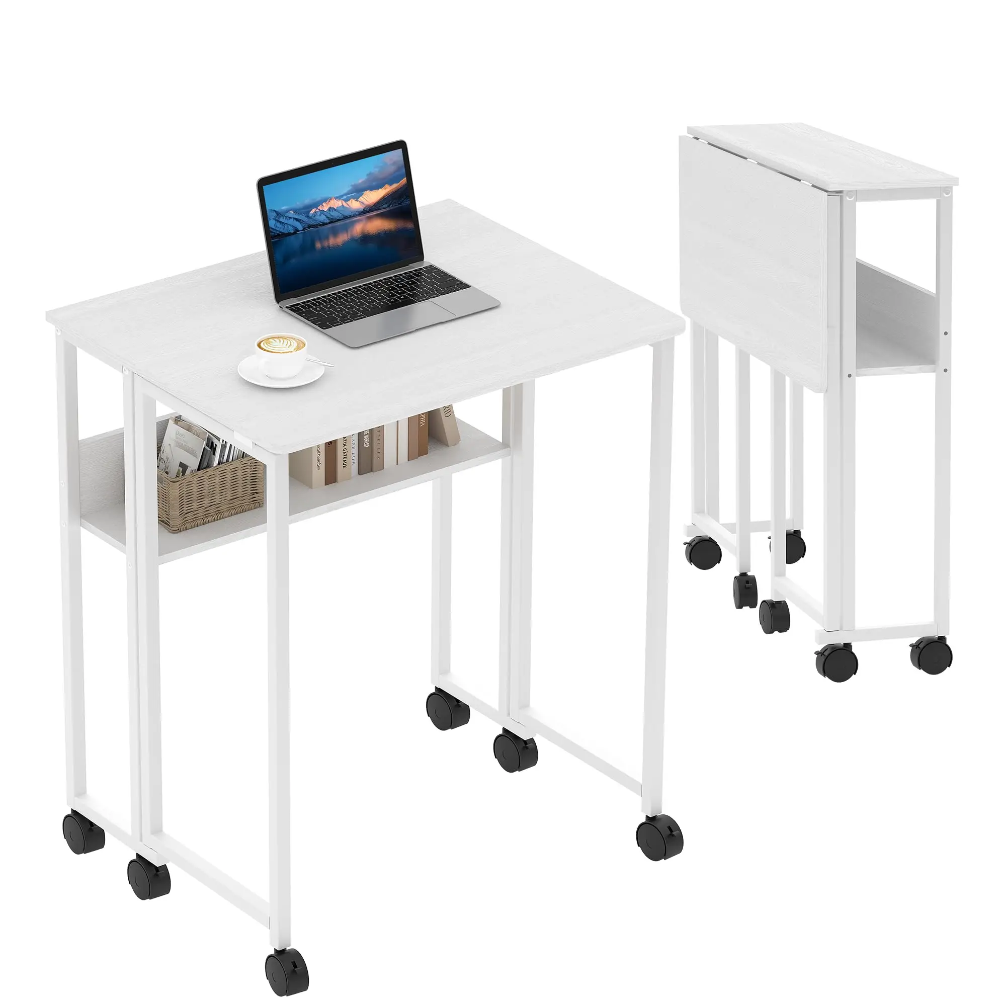 24.8" Folding Desk Rolling Desk with Storage Shelf,Space-Saving Foldable Computer Desk with Wheels,Portable Mobile Couch