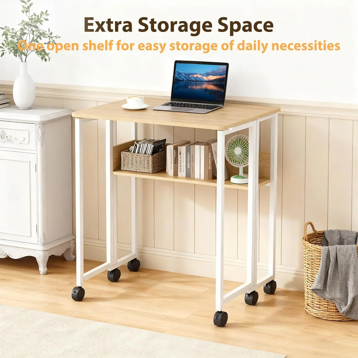 24.8" Folding Desk Rolling Desk with Storage Shelf,Space-Saving Foldable Computer Desk with Wheels,Portable Mobile Couch