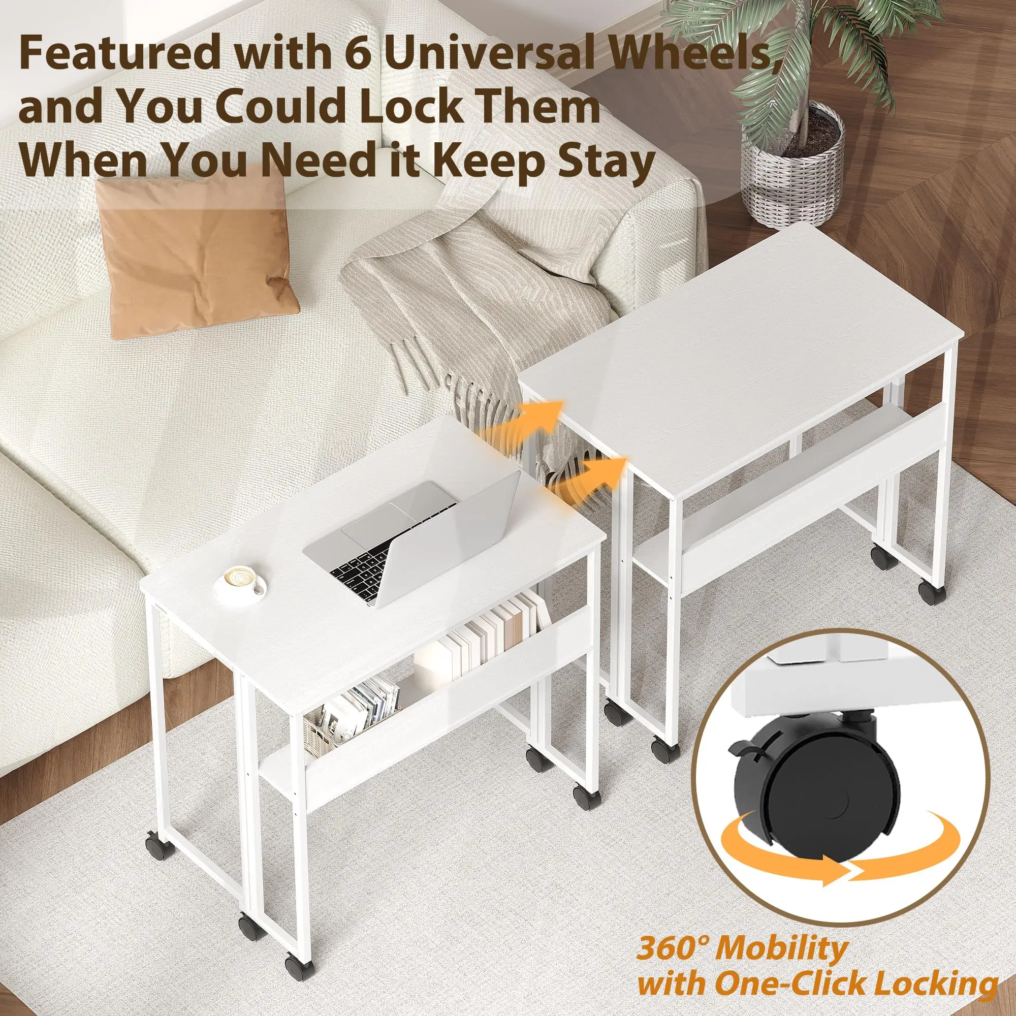 24.8" Folding Desk Rolling Desk with Storage Shelf,Space-Saving Foldable Computer Desk with Wheels,Portable Mobile Couch