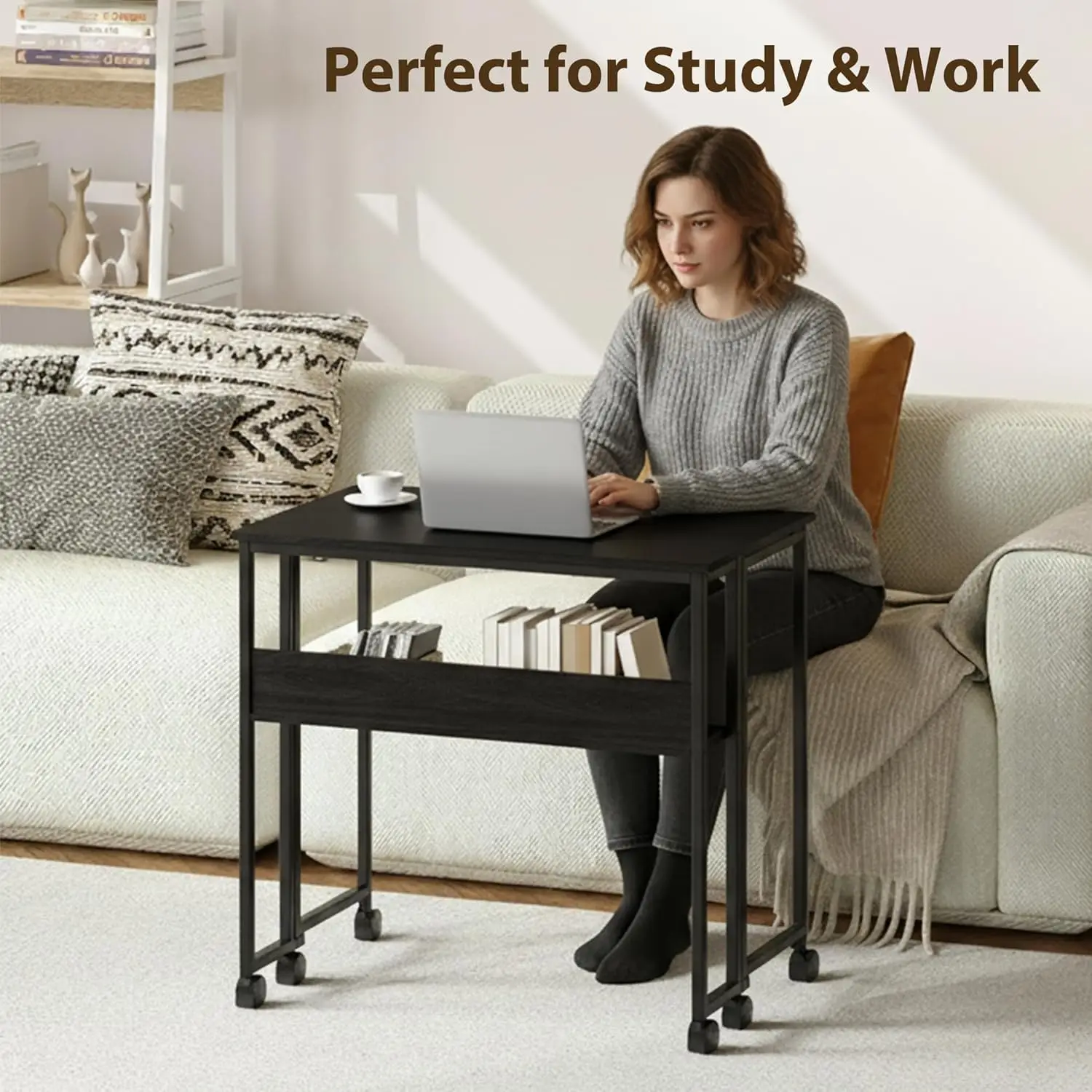 24.8" Folding Desk Rolling Desk with Storage Shelf,Space-Saving Foldable Computer Desk with Wheels,Portable Mobile Couch