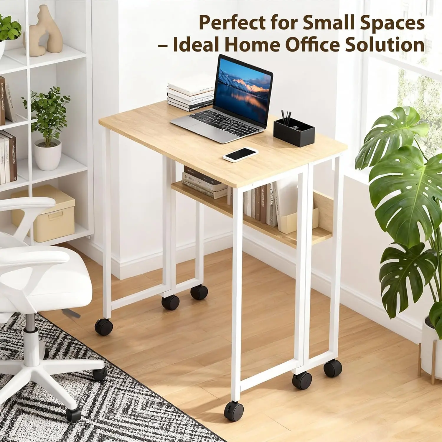 24.8" Folding Desk Rolling Desk with Storage Shelf,Space-Saving Foldable Computer Desk with Wheels,Portable Mobile Couch