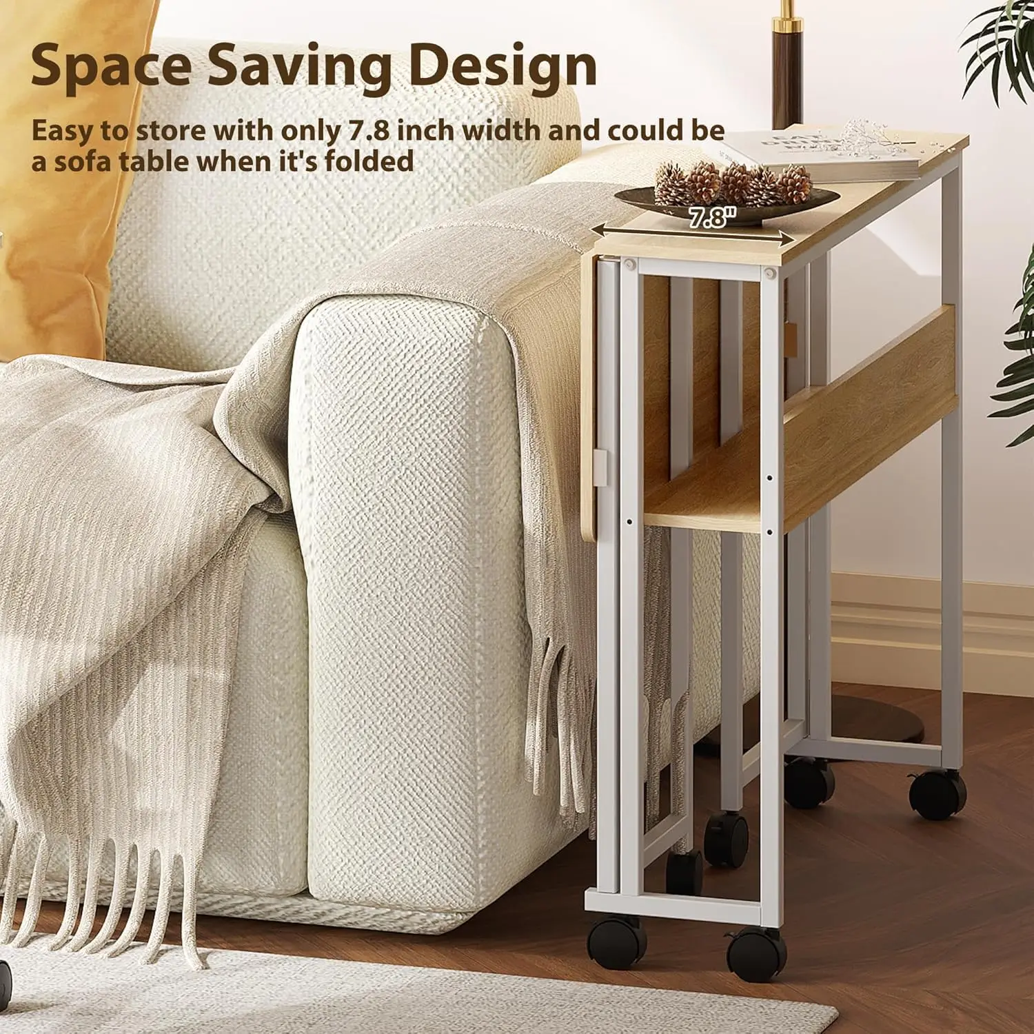 24.8" Folding Desk Rolling Desk with Storage Shelf,Space-Saving Foldable Computer Desk with Wheels,Portable Mobile Couch