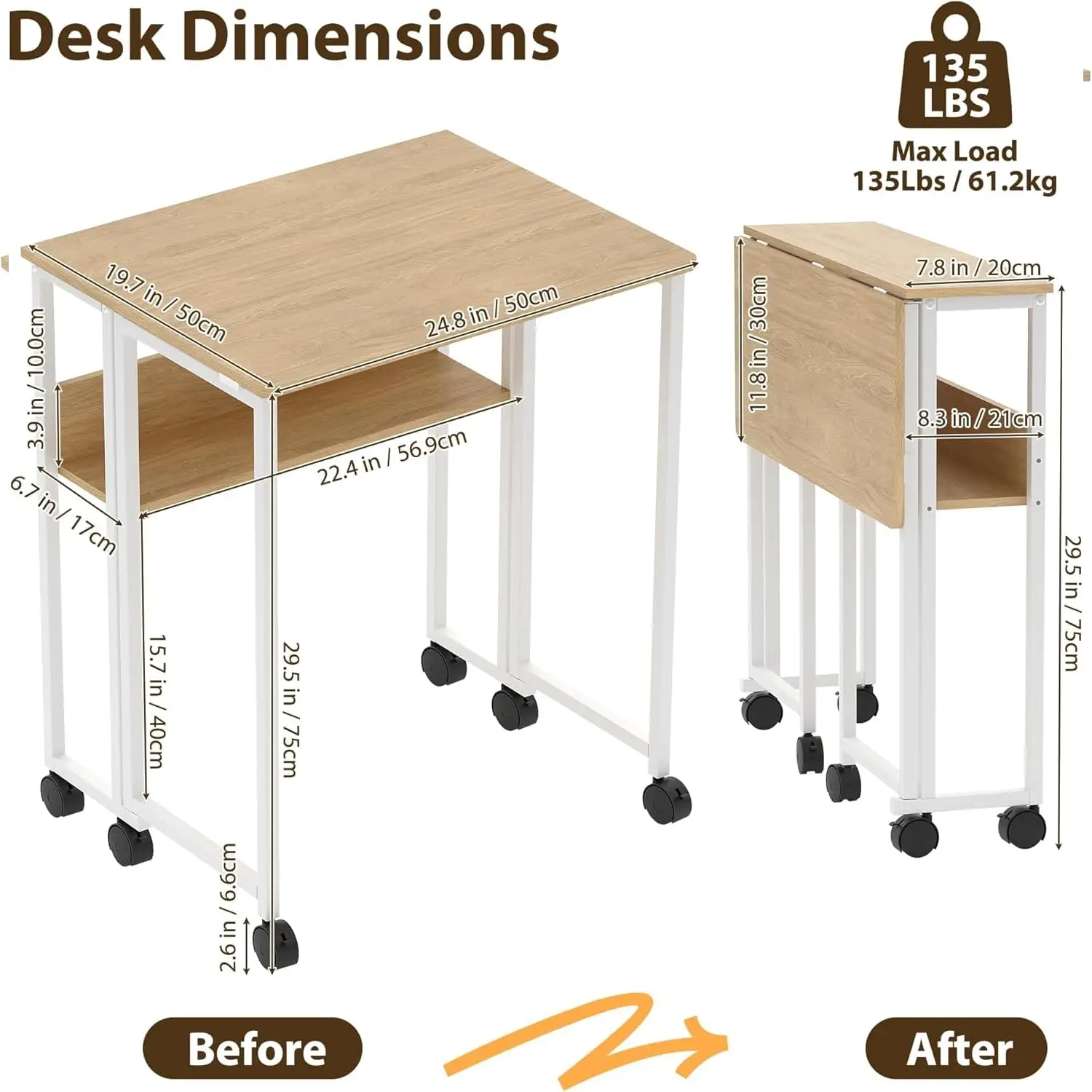 24.8" Folding Desk Rolling Desk with Storage Shelf,Space-Saving Foldable Computer Desk with Wheels,Portable Mobile Couch