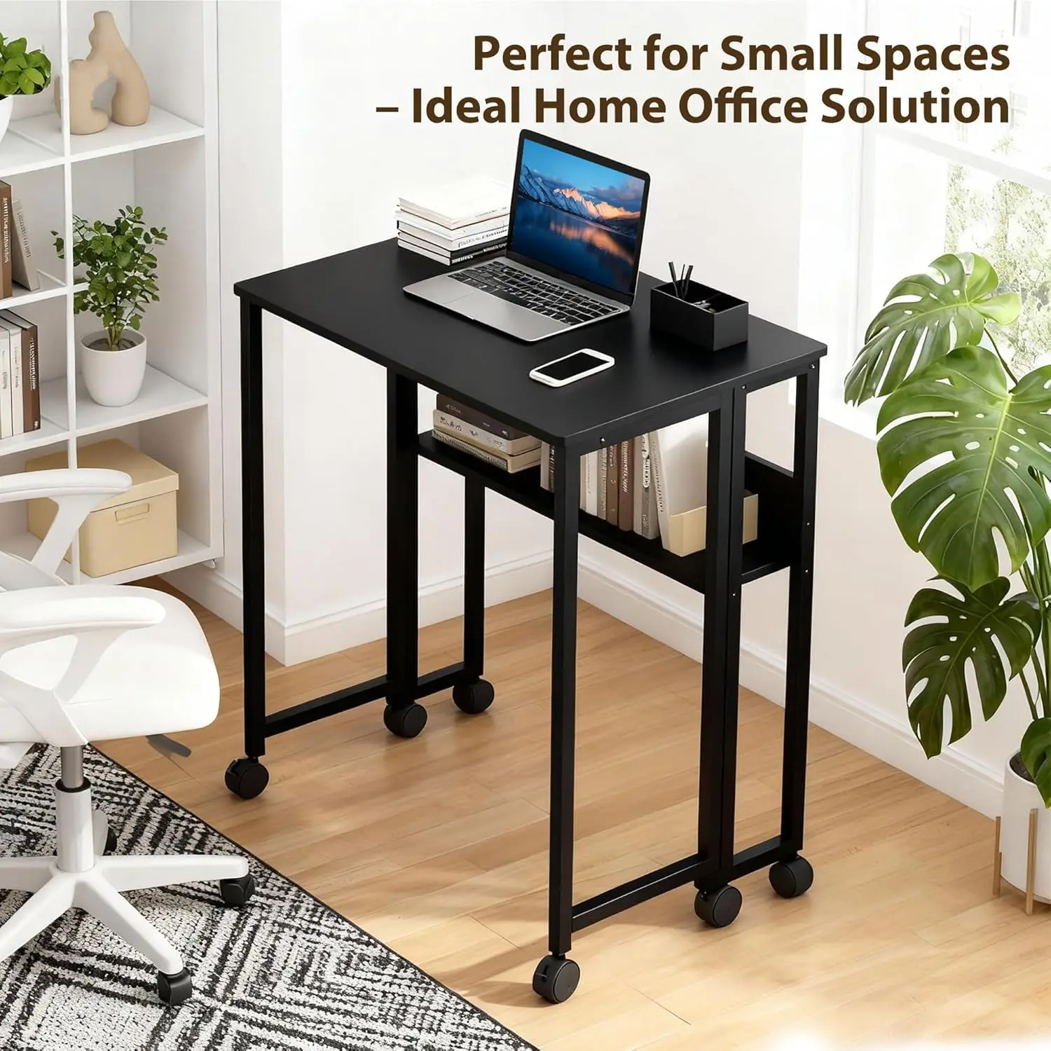 24.8" Folding Desk Rolling Desk with Storage Shelf,Space-Saving Foldable Computer Desk with Wheels,Portable Mobile Couch