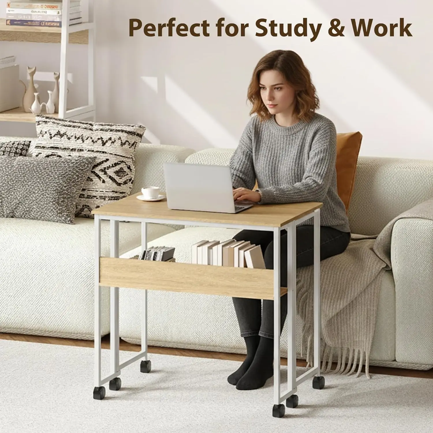 24.8" Folding Desk Rolling Desk with Storage Shelf,Space-Saving Foldable Computer Desk with Wheels,Portable Mobile Couch
