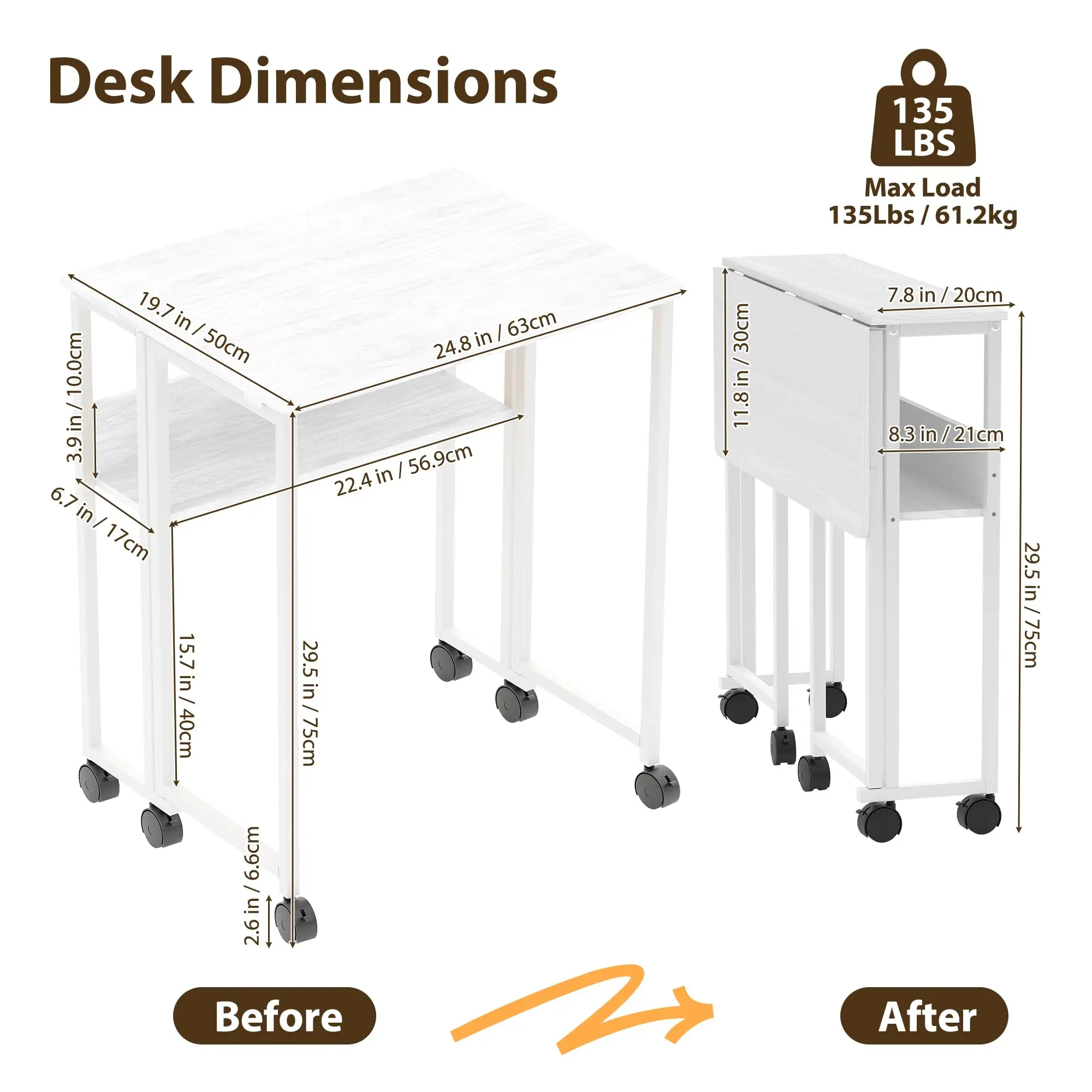 24.8" Folding Desk Rolling Desk with Storage Shelf,Space-Saving Foldable Computer Desk with Wheels,Portable Mobile Couch