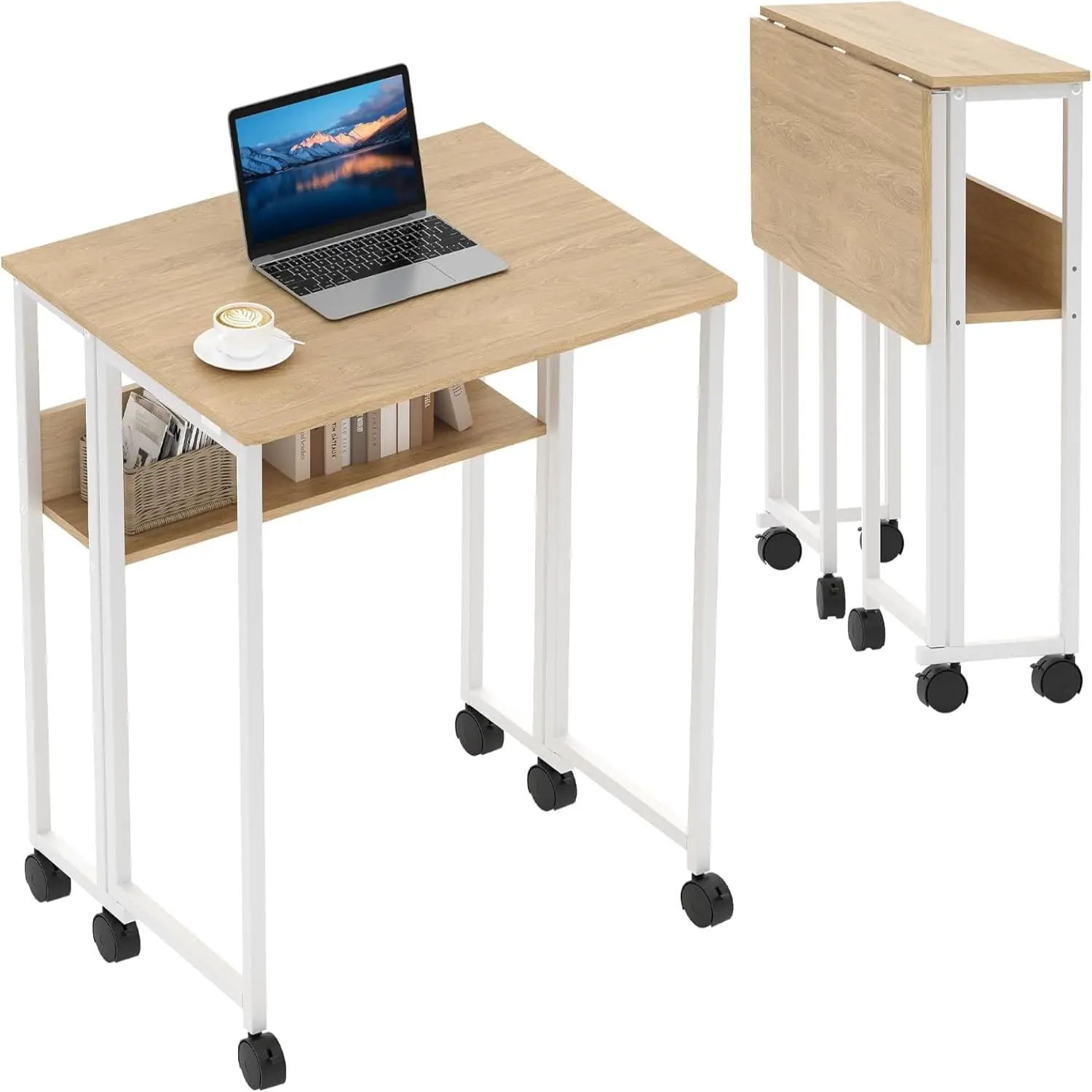 24.8" Folding Desk Rolling Desk with Storage Shelf,Space-Saving Foldable Computer Desk with Wheels,Portable Mobile Couch