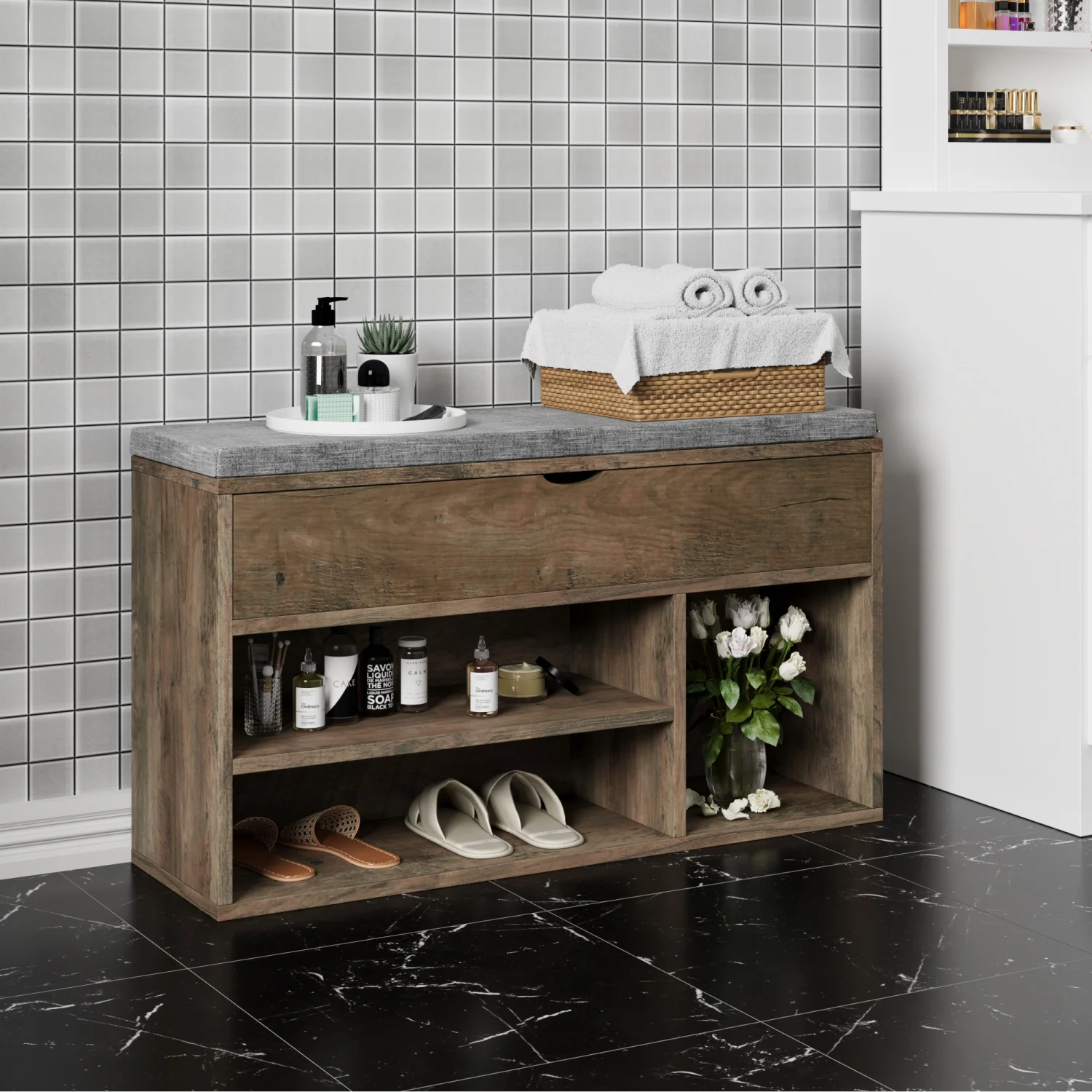 Shoe Storage Bench with Cushion, Entryway Bench with Padded Seat & Flip-Top Storage, 100cm Shoe Rack Organizer for Hallway