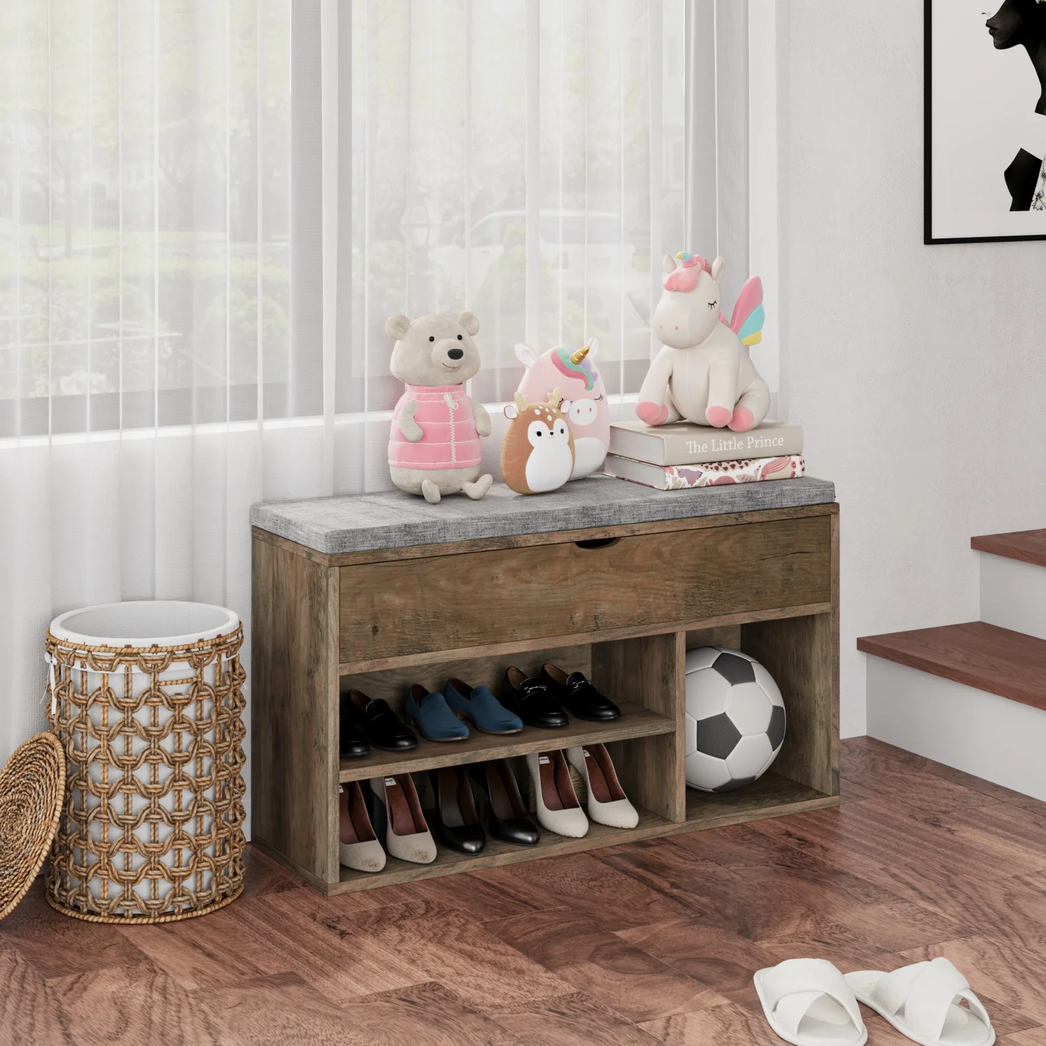 Shoe Storage Bench with Cushion, Entryway Bench with Padded Seat & Flip-Top Storage, 100cm Shoe Rack Organizer for Hallway