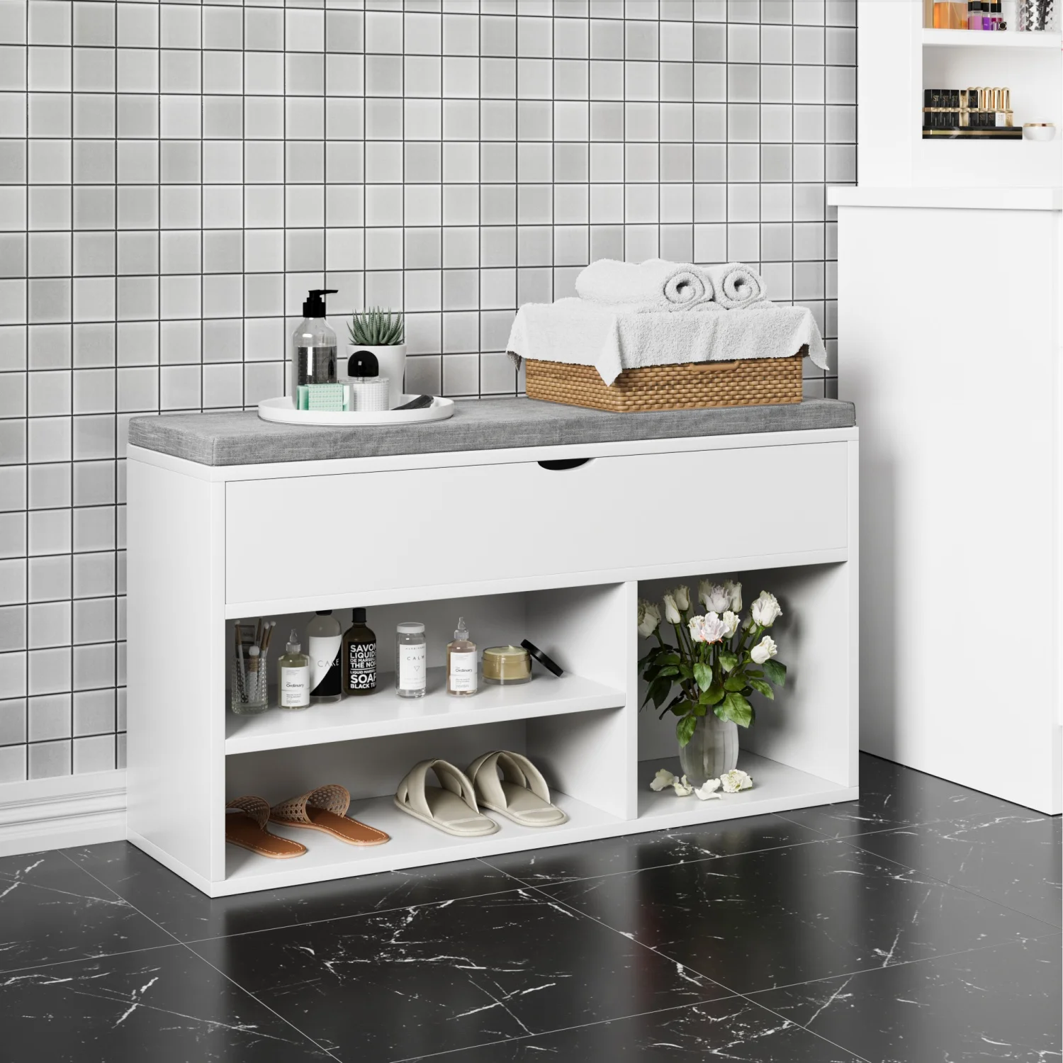 Shoe Storage Bench with Cushion, Entryway Bench with Padded Seat & Flip-Top Storage, 100cm Shoe Rack Organizer for Hallway